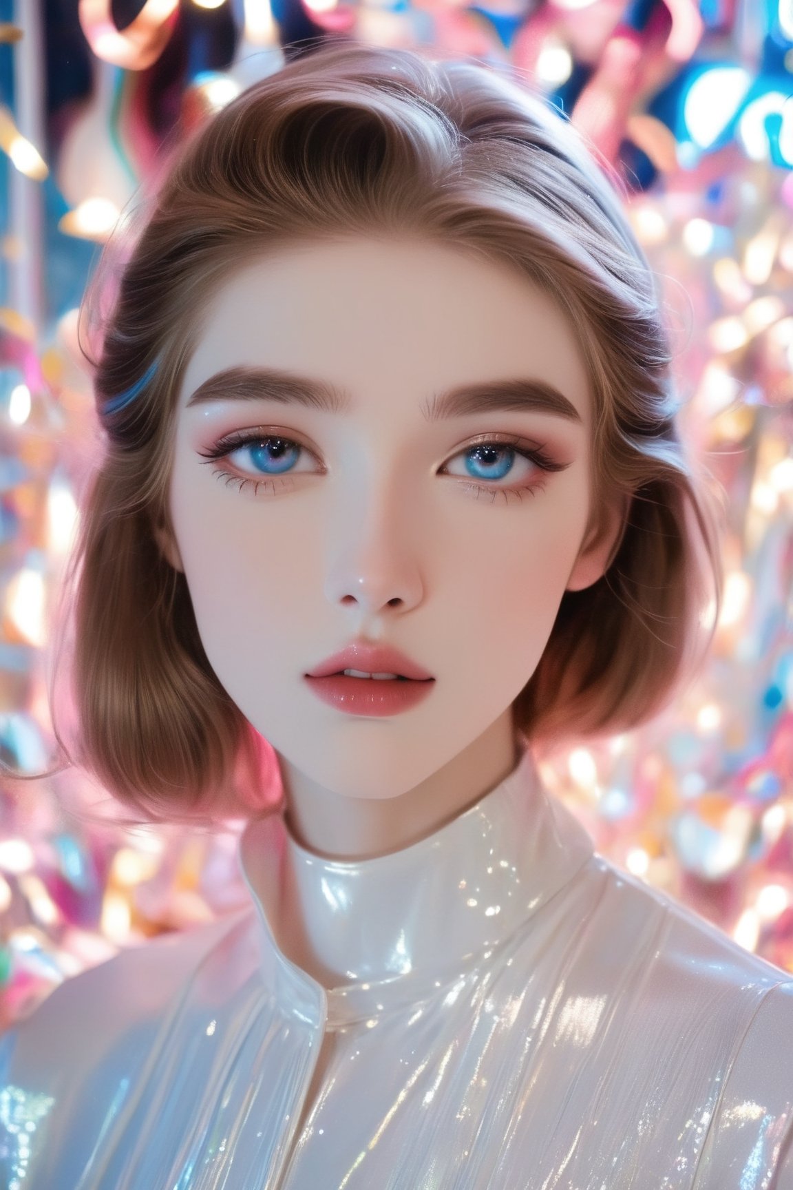 portrait, A young model, a stunning girl with big bright eyes, with long straight brown hair, dressed in mother-of-pearl white clothes that shimmer like a translucent neon sign, causing a feeling of light, renewal and brightness - the style of neon photography, a face made of fine porcelain like a vintage doll, light pink and blue veins are visible, gentle make-up on the face, iridescent glitters on the eyelids and lips, K-Eyes
