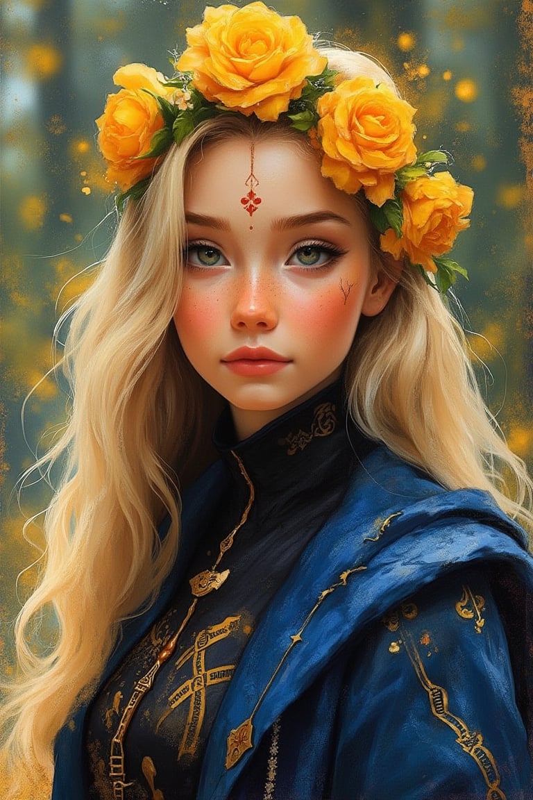 hntdlnwrk style, aesthetic, 

A waist-high portrait of a girl who looks like a porcelain doll with long blond hair, decorated with a crown of magical yellow flowers. A mystical small pattern of red paint is depicted on the girl's forehead, which gives the scene brightness and fabulousness. The background is blurred, which creates a sharp contrast with the girl's outfit. The woman's outfit is decorated with a dark blue with a gold pattern, a blue jacket with rune-like ornaments is draped over her shoulders.

art, colored pencil, sketch, painting, paper texture,art_solyanka,SKP-highly detailed,SamYoung_Illustration,fluxtration