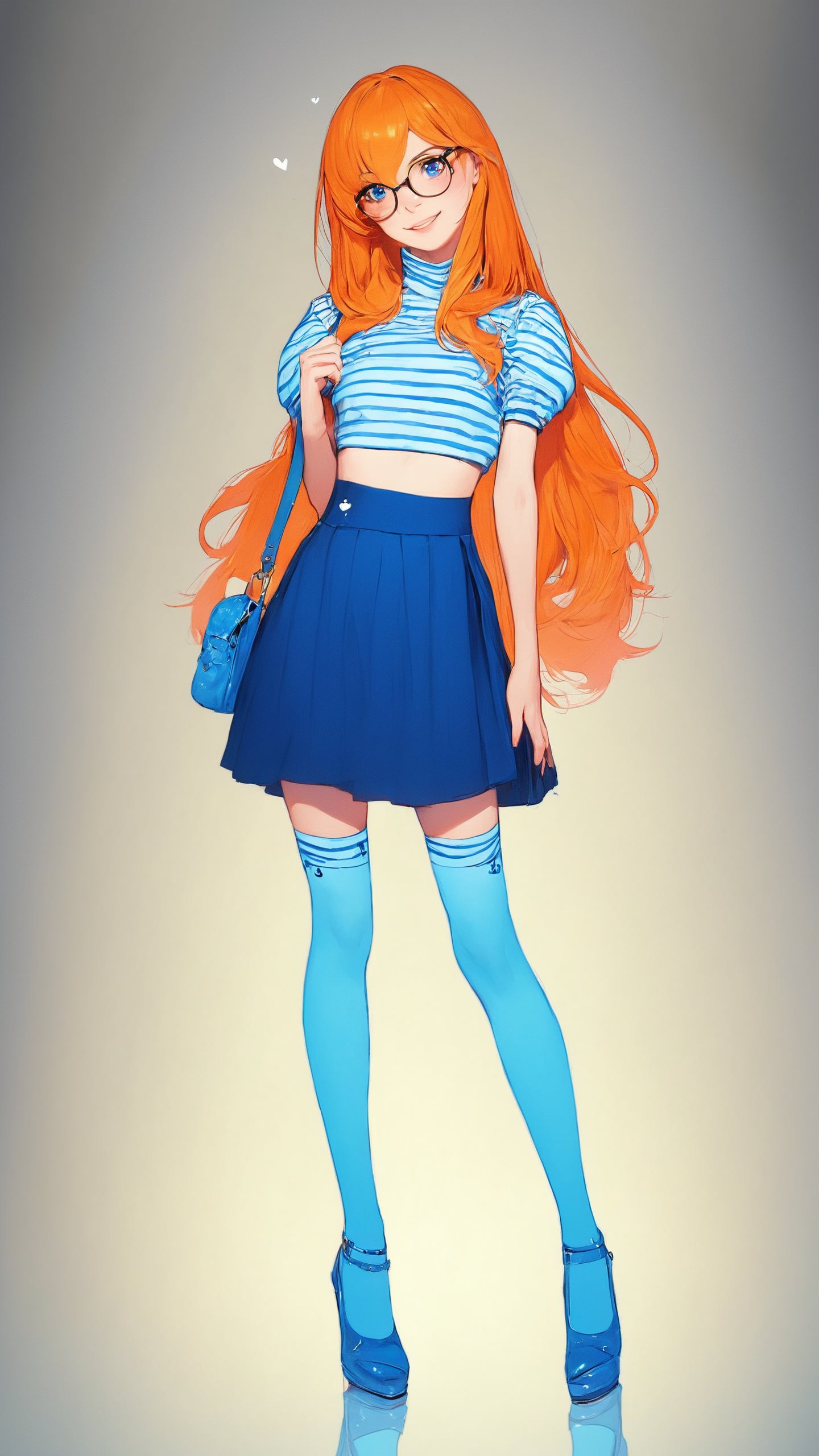 STICKER ON A WHITE BACKGROUND. green holographic silhouette, knee socks.
1girl, solo, long hair, looking at viewer, smile, bangs, blue eyes, skirt, simple background, shirt, thighhighs, hair between eyes, very long hair, standing, full body, short sleeves, heart, shoes, glasses, striped, puffy sleeves, signature, bag, orange hair, high heels, blue skirt, crop top, head tilt, turtleneck, black background, blue footwear, striped shirt, handbag, shoulder bag, blue thighhighs, aqua footwear.
photo shoot, photo_realism.
dynamic view, shadows and dynamic lighting, soft lighting, dynamic view, splitter effect, waifu. Stylish. Cute, hot, shiny. Highly detailed uhd wallpaper, cel digital animation

,neon photography style,K-Eyes,score_9,score_8_up,score_7_up,