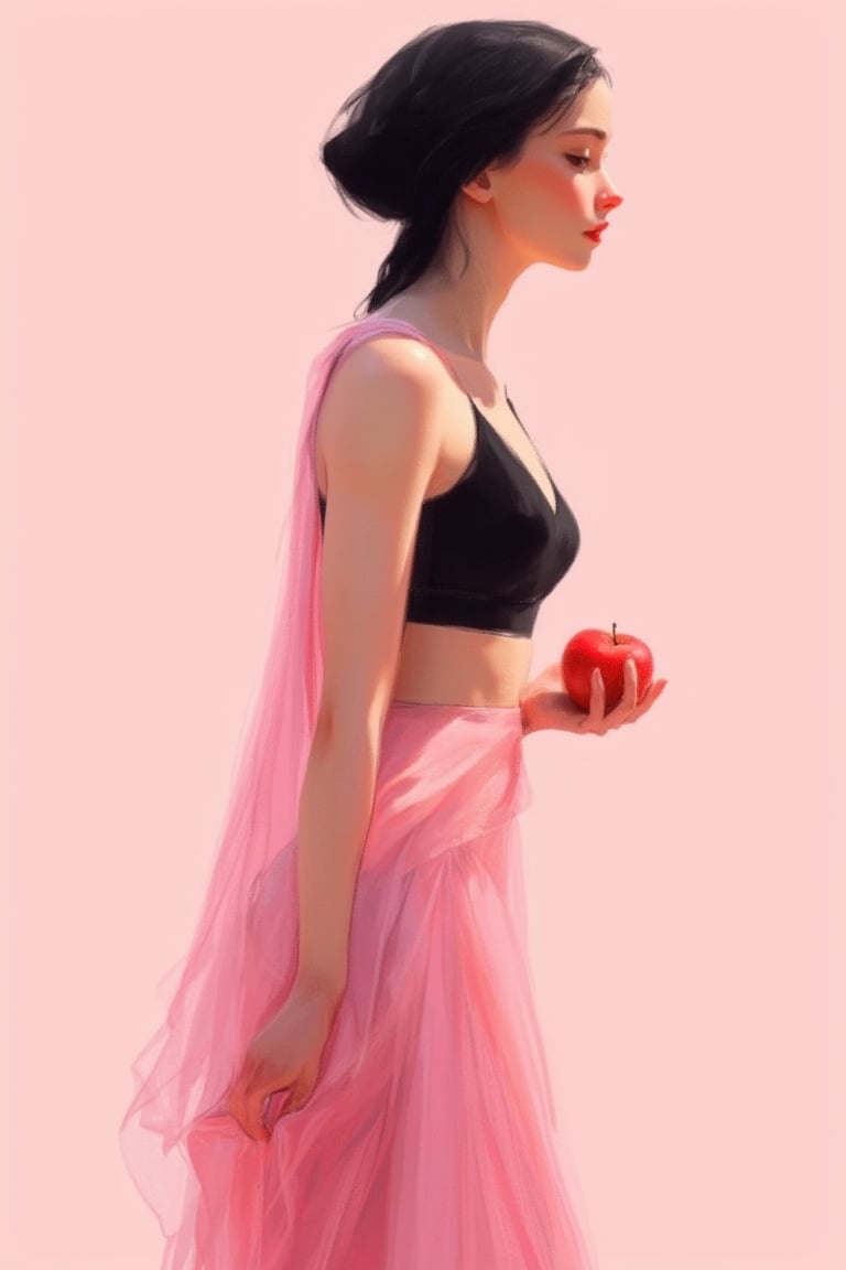 hntdlnwrk style, aesthetic, 

An abstract digital art painting depicting a woman in a semi-transparent modest pink dress and a black bra. Portrait in profile, A woman holding an apple in her right hand. On her head she has a black plain little scarf. abstract minimalistic pastel light pink background. Minimalism. 

art, colored pencil, sketch, painting, paper texture,art_solyanka,SKP-highly detailed,SamYoung_Illustration,fluxtration