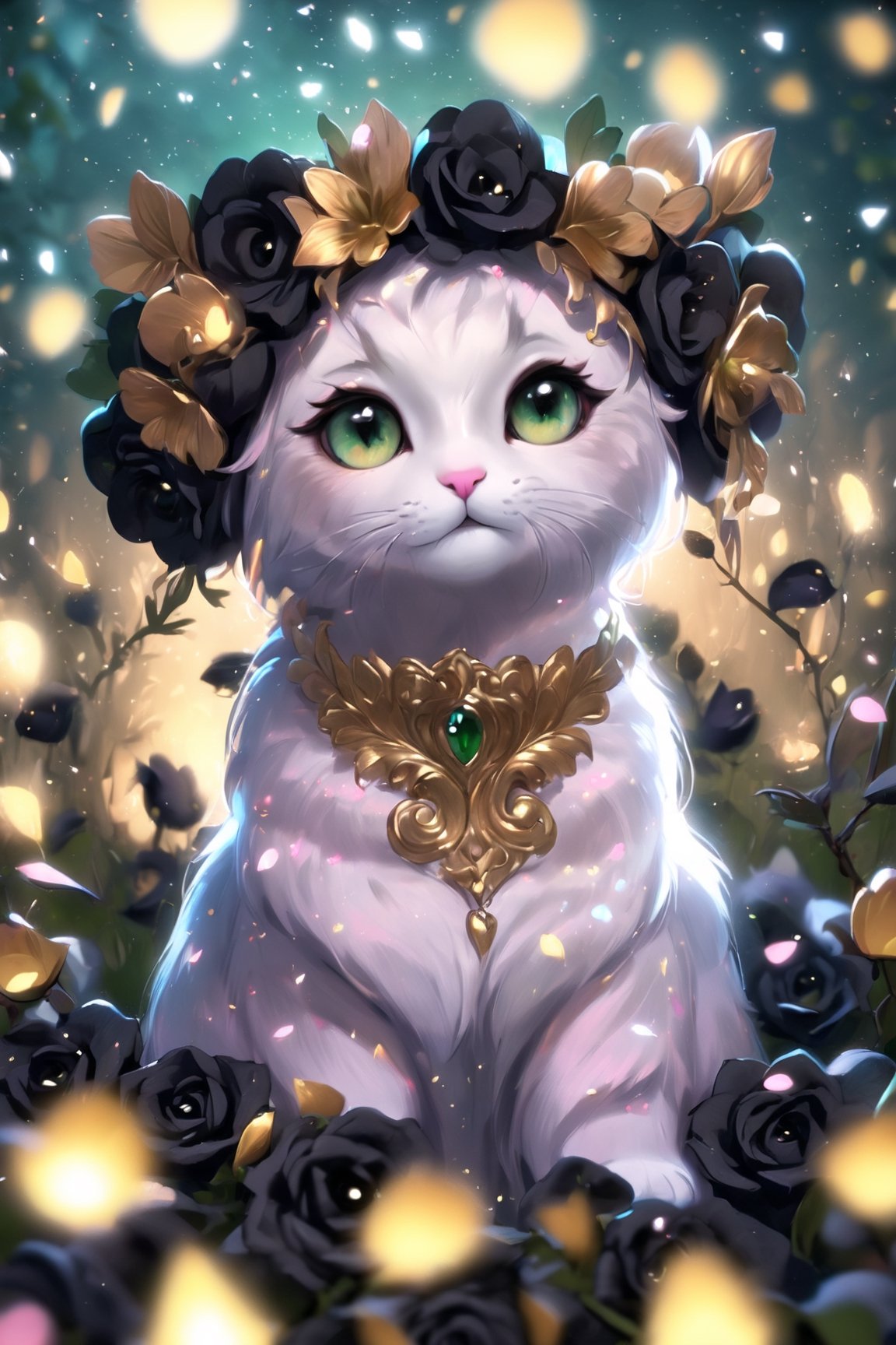 Realistic cat in a flower wreath of black roses with golden leaves, mother-of-pearl wool with pink iridescences, golden sparks in emerald eyes, in the background a night garden of black roses with glowing small fireflies, divine lighting, cute, 4k, unreal engine 5, K-Eyes