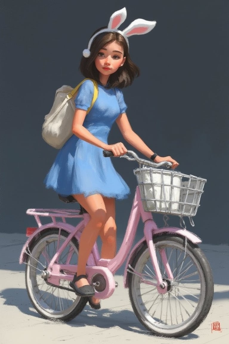 hntdlnwrk style, aesthetic, 

An animated image of a woman in a blue dress and white rabbit ears on her head. She is standing on a light gray floor. The bike she is riding is a light pink color with a white basket attached to the handlebars. The woman is wearing a black watch on her left wrist. Her hair is dark brown and her eyes are black. She has a white bag strapped to her right shoulder. Her left hand is on the handlebar of the bike. The background is a dark gray.

art, colored pencil, sketch, painting, paper texture,art_solyanka,SKP-highly detailed,SamYoung_Illustration,fluxtration