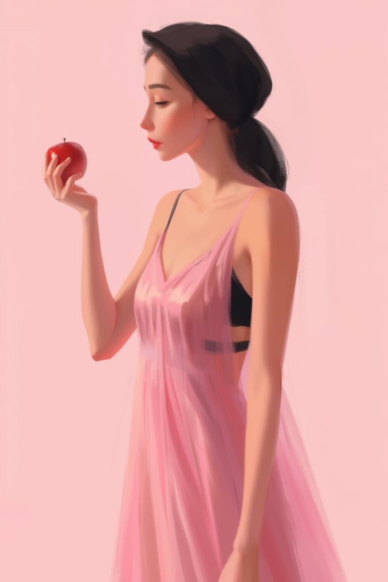 hntdlnwrk style, aesthetic, 

An abstract digital art painting depicting a woman in a semi-transparent modest pink dress and a black bra. Portrait in profile, A woman holding an apple in her right hand. On her head she has a black plain little scarf. abstract minimalistic pastel light pink background. Minimalism. 

art, colored pencil, sketch, painting, paper texture,art_solyanka,SKP-highly detailed,SamYoung_Illustration,fluxtration