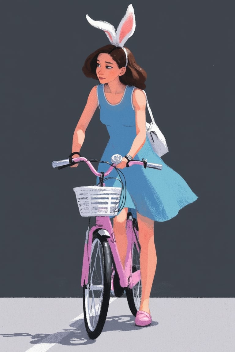 hntdlnwrk style, aesthetic, 

An animated image of a woman in a blue dress and white rabbit ears on her head. She is standing on a light gray floor. The bike she is riding is a light pink color with a white basket attached to the handlebars. The woman is wearing a black watch on her left wrist. Her hair is dark brown and her eyes are black. She has a white bag strapped to her right shoulder. Her left hand is on the handlebar of the bike. The background is a dark gray.

art, colored pencil, sketch, painting, paper texture,art_solyanka,SKP-highly detailed,SamYoung_Illustration,fluxtration