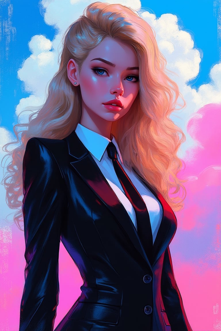 hntdlnwrk style, aesthetic, mad-vprwv cyberpunk woman, An animated image of a woman with long, wavy blonde hair. She is wearing a black suit with a white shirt and a black tie. The woman's left hand is resting on her hip. Her right hand is positioned on the right side of the image. The background is a mix of blue, pink, and white clouds., neon,  vaporwave.

art, colored pencil, sketch, painting, paper texture,art_solyanka,SKP-highly detailed,SamYoung_Illustration