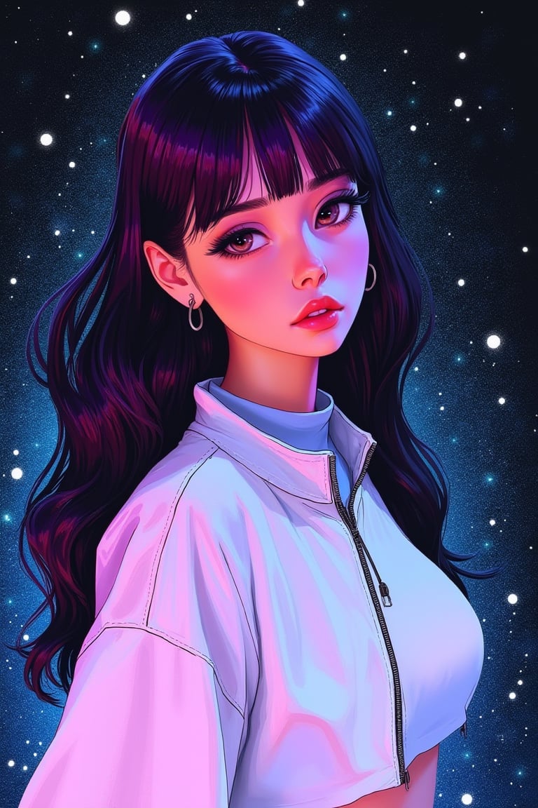 aesthetic,

score_9, score_8_up, score_7_up, (masterpiece, perfectly detailed, beautiful face, detailed eyes, vibrant colors), ultra HD, 8K, 1girl, white cropped jacket, long hair,solo,black hair, purple bang,detailed and fine eyebrows, strong lines, cleann draw, open eyes, full body, full-length figure, dinamic face, BREAK star galaxy on the background, starry background, black and blue gradient background, green, lightweight design, intricate details, simple background,

add text "Drauka",

legendofnerd style, BREAK simple background, diagonal abstract structure on background, 

colored pencil, sketch, painting, paper texture,art_solyanka,SKP-highly detailed,SamYoung_Illustration