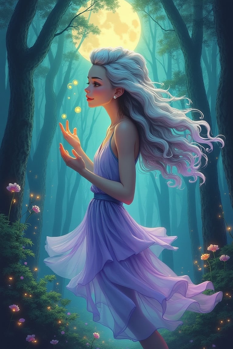 aesthetic,
1girl, ethereal face, glowing eyes, soft blush, freckles, floating, looking into distance, flowing dress with gradient from teal to lavender, slender figure, long flowing hair with gradient from silver to purple, golden eyes, curly hair, parted hair, delicate eyebrows, serene smile, both hands raised, enchanted forest, ancient trees, mystical aura, glowing orbs, twilight, moonlight rays,

lightweight design, intricate details, legendofnerd style, BREAK abstract structure on background, 

colored pencil, sketch, painting, paper texture,art_solyanka,SKP-highly detailed,SamYoung_Illustration