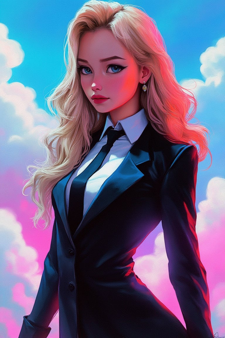 hntdlnwrk style, aesthetic, mad-vprwv cyberpunk woman, An animated image of a woman with long, wavy blonde hair. She is wearing a black suit with a white shirt and a black tie. The woman's left hand is resting on her hip. Her right hand is positioned on the right side of the image. The background is a mix of blue, pink, and white clouds., neon,  vaporwave.

art, colored pencil, sketch, painting, paper texture,art_solyanka,SKP-highly detailed,SamYoung_Illustration