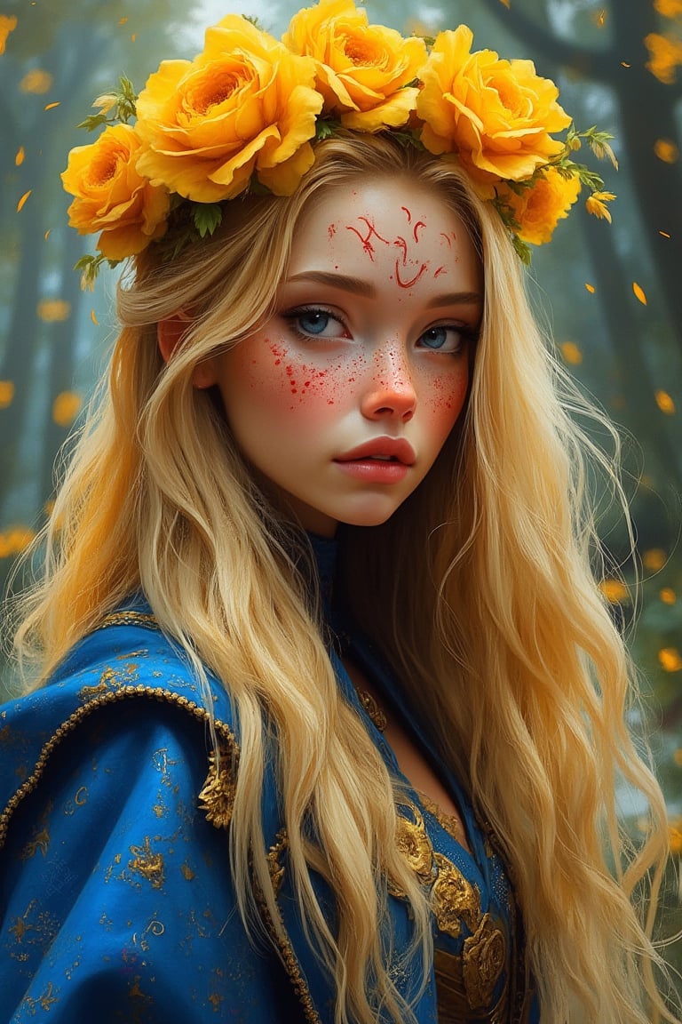 hntdlnwrk style, aesthetic, 

A waist-high portrait of a girl who looks like a porcelain doll with long blond hair, decorated with a crown of magical yellow flowers. The girl's head is covered with a pattern of red paint, which gives the scene brightness and fabulousness. The background is blurred, which creates a sharp contrast with the girl's outfit. The woman's outfit is decorated with a dark blue with a gold pattern, a blue jacket with rune-like ornaments is draped over her shoulders.

art, colored pencil, sketch, painting, paper texture,art_solyanka,SKP-highly detailed,SamYoung_Illustration,fluxtration