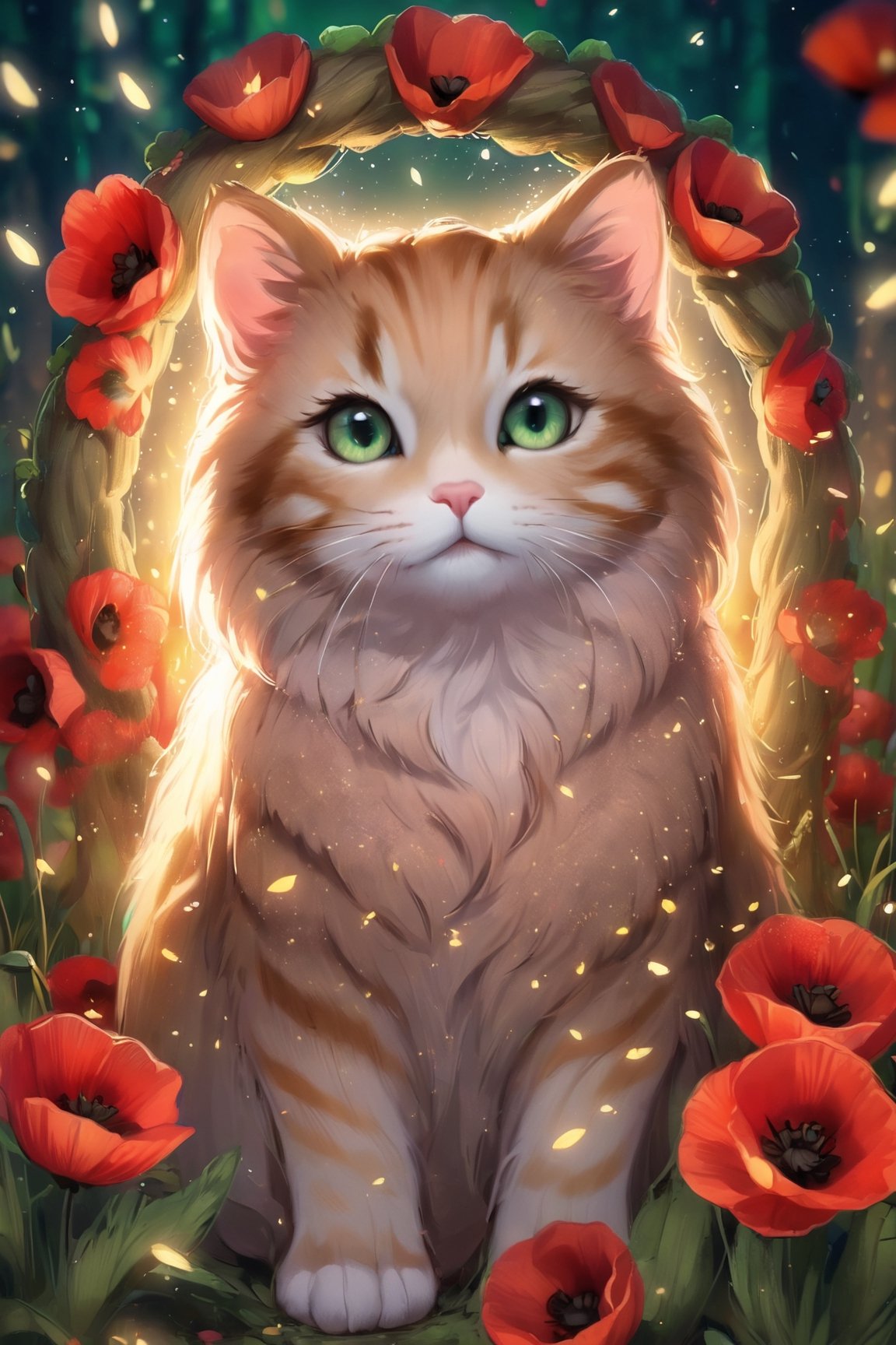Realistic cat in a flower wreath of poppy flowers, brown wool with stripes, golden sparks in emerald eyes, a night poppy garden with glowing little fireflies in the background, divine lighting, cute, 4k, unreal engine 5, K-Eyes