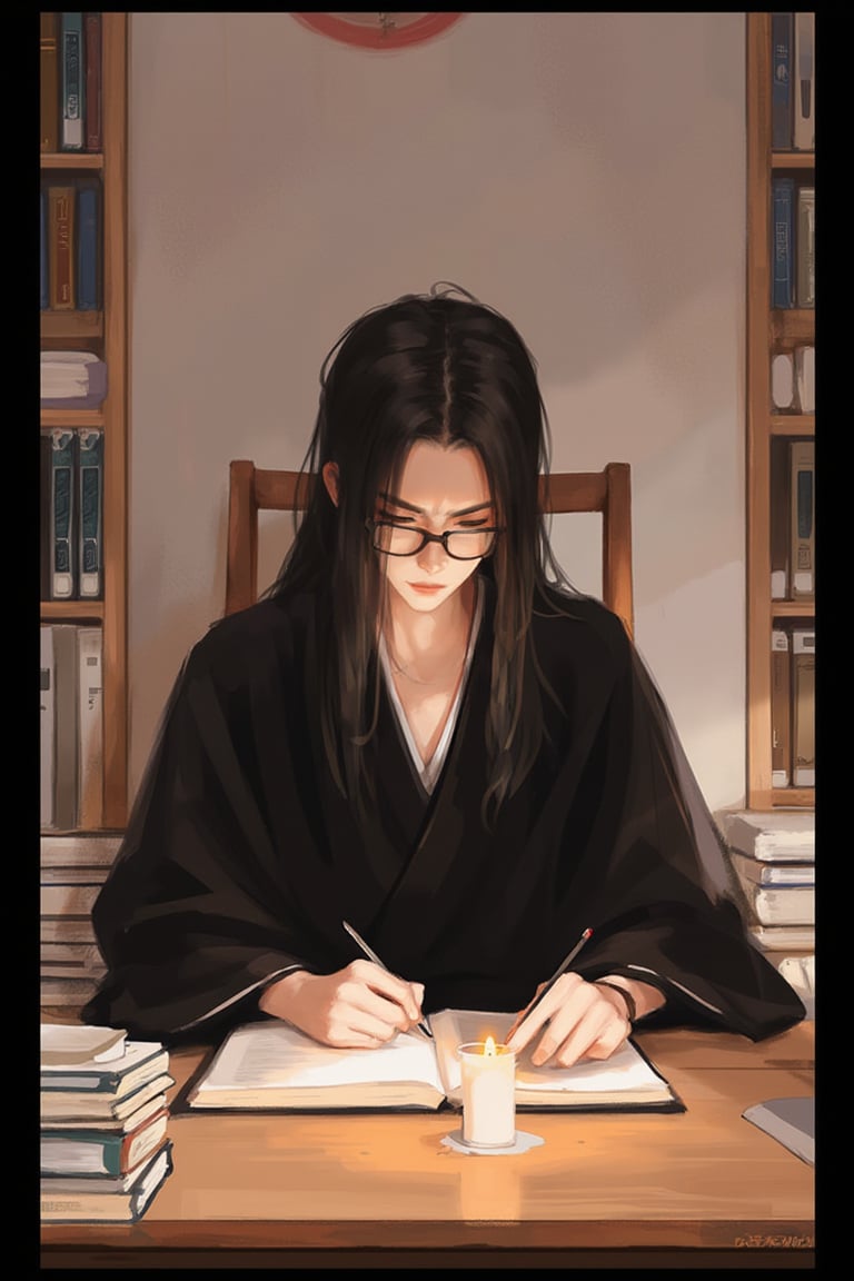 hntdlnwrk style, aesthetic, 

solo, long hair, black hair, long sleeves, 1boy, holding, sitting, male focus, japanese clothes, glasses, indoors, kimono, book, chair, border, table, messy hair, robe, open book, candle, black border, book stack, writing. An animated image of a man with long black hair and glasses. He is wearing a black kimono and is sitting at a brown wooden table. He has a pen in his right hand and a pencil in his left. There is a lighted candle on the table in front of him. There are shelves lined with books on both sides of it. Minimalism. 

art, colored pencil, sketch, painting, paper texture,art_solyanka,SKP-highly detailed,SamYoung_Illustration,fluxtration,ohwx style,chinese ink drawing