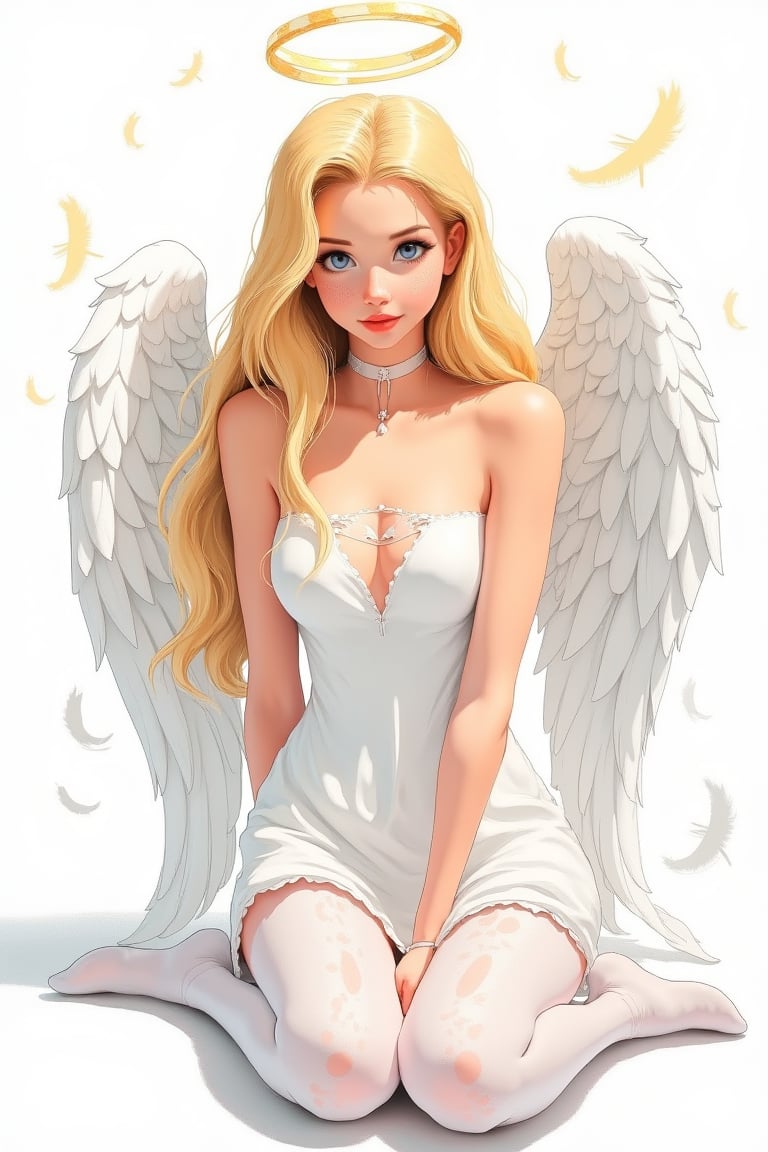 aesthetic,
colorful, 1girl, angel print, long hair, halo, solo, white wings, golden hair, white dress, print legwear, medium breasts, white pantyhose, looking at viewer, bare shoulders, blue eyes, choker, feathers, clothing cutout, strapless, very long hair, white background, heart cutout, sitting, facing forward,

lightweight design, intricate details, legendofnerd style, BREAK abstract structure on background, 

colored pencil, sketch, painting, paper texture,art_solyanka,SKP-highly detailed,SamYoung_Illustration