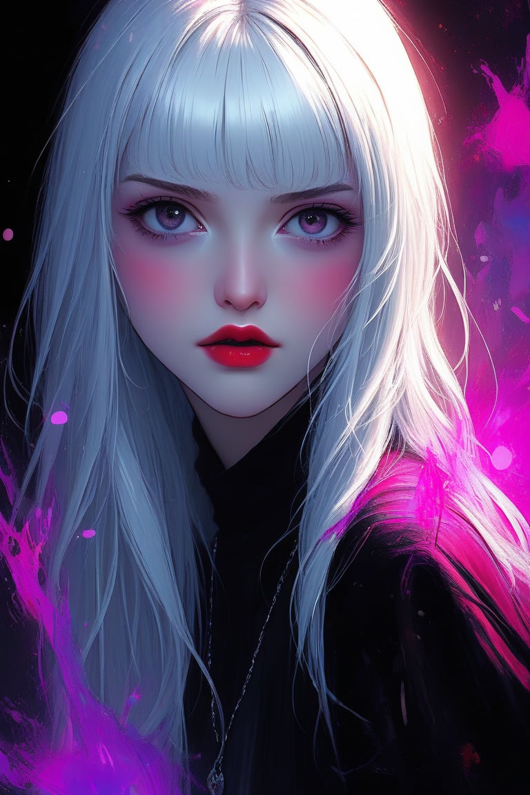 Stunning Overdetailed masterpiece, Marc Silvestri style, Victoria Frances style, manga  style, mixed with dark elements, high resolution, vibrant colors, realistic skin, fantasy, Digital painting, aesthetic, score_9, score_8_up, score_7_up, score_6_up, GLSHS, 1girl, white glowing hair, black lips, partially illuminated, dark theme, casual clothes lift, vibrant eyes, legendofnerd style, BREAK simple background, diagonal abstract structure on background,