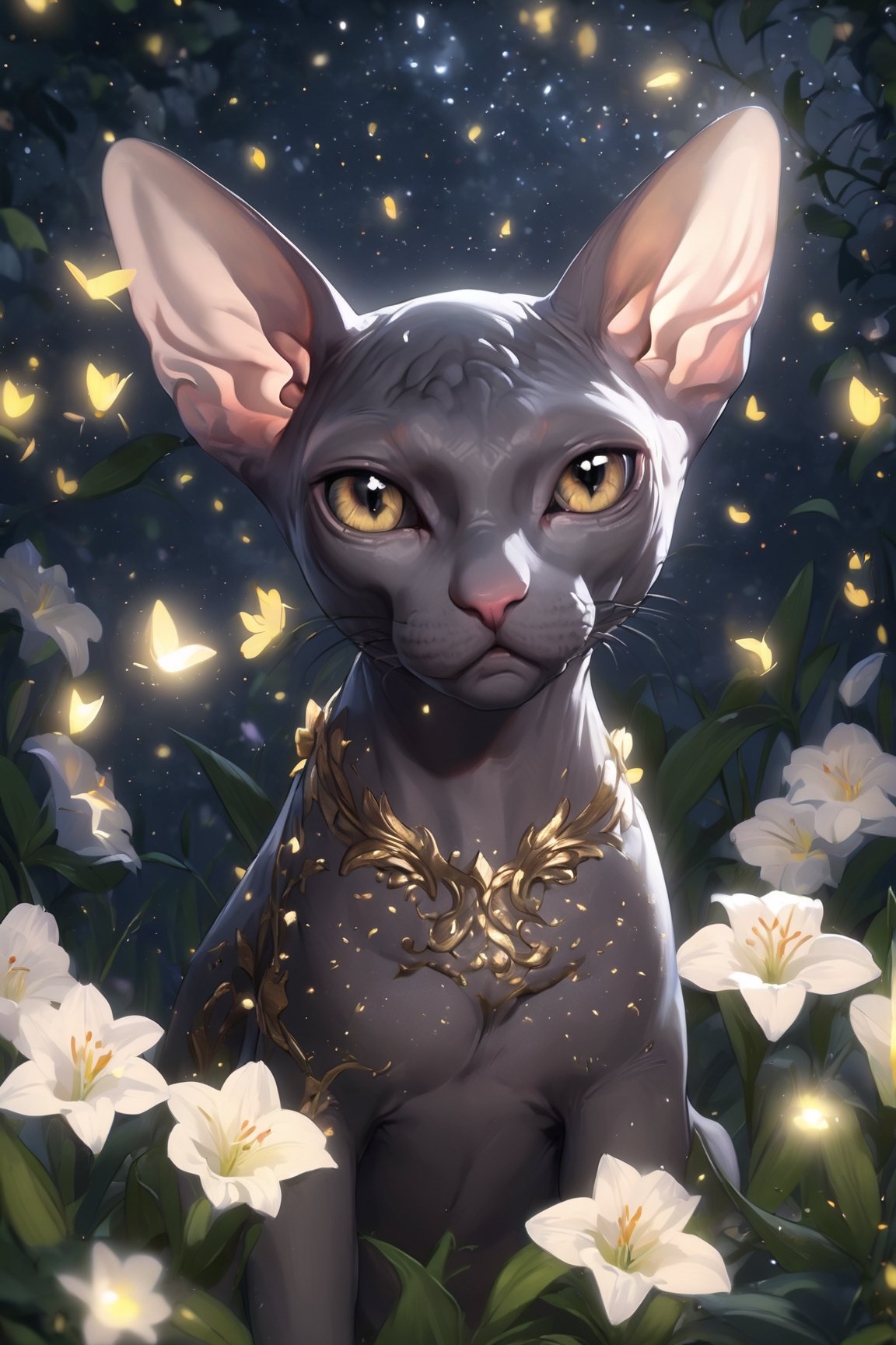 Realistic black Sphynx cat, black velvety golden eyes with sparkles, a wreath of white lilies on his head, in the background a night garden of white lilies with glowing little fireflies, divine lighting, cute, 4k, unreal engine 5, K-Eyes