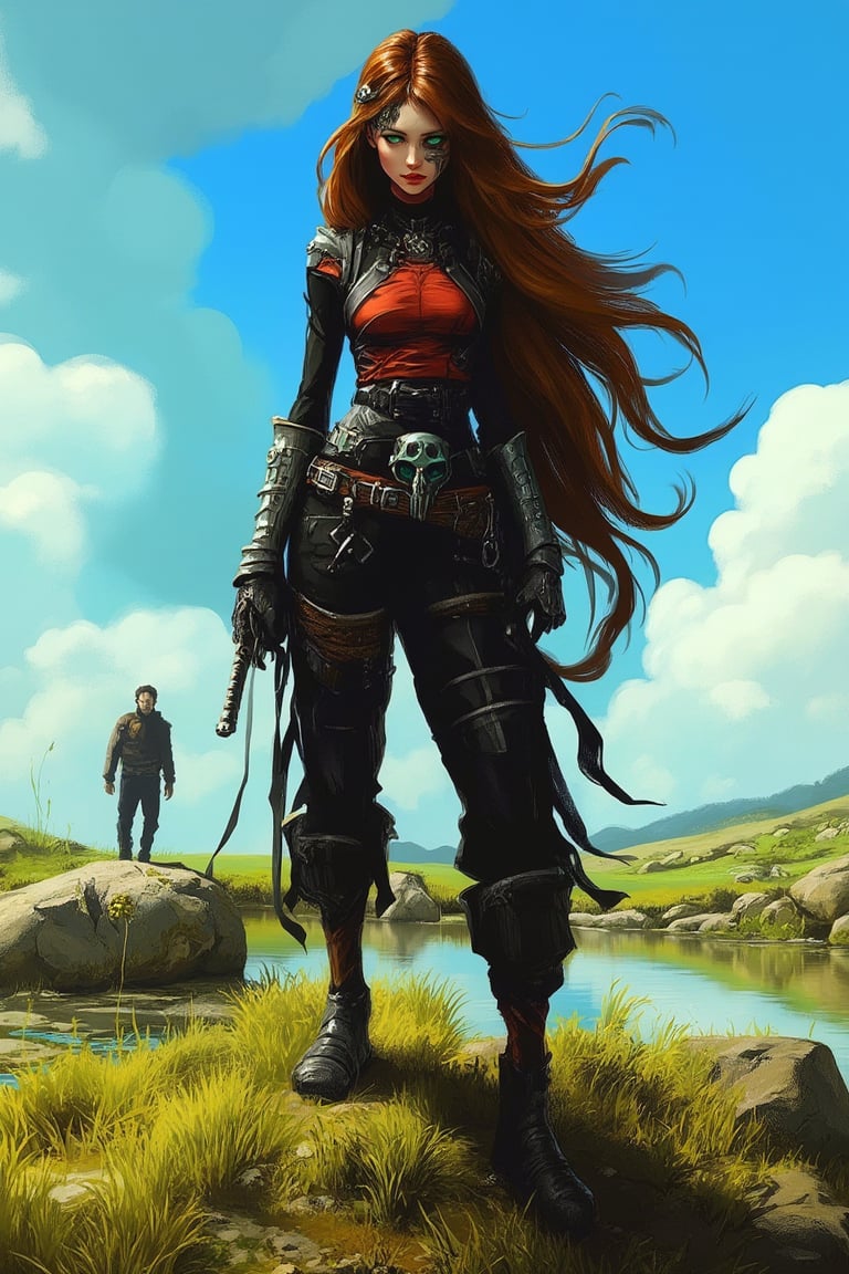 hntdlnwrk style, aesthetic, mad-vprwv cyberpunk,

A cartoon girl with long brown hair, dressed in black leather clothes, a pirate patch on one eye with a skull image. She has piercing green eyes and her hair cascades over her shoulders. She stands in the middle of a grassy field, with a large stone lying to her left. A pond is visible in the distance, and a man is walking in the distance. The blue sky, dotted with white clouds, adds brightness to the landscape.

neon, vaporwave.

art, colored pencil, sketch, painting, paper texture,art_solyanka,SKP-highly detailed,SamYoung_Illustration,fluxtration