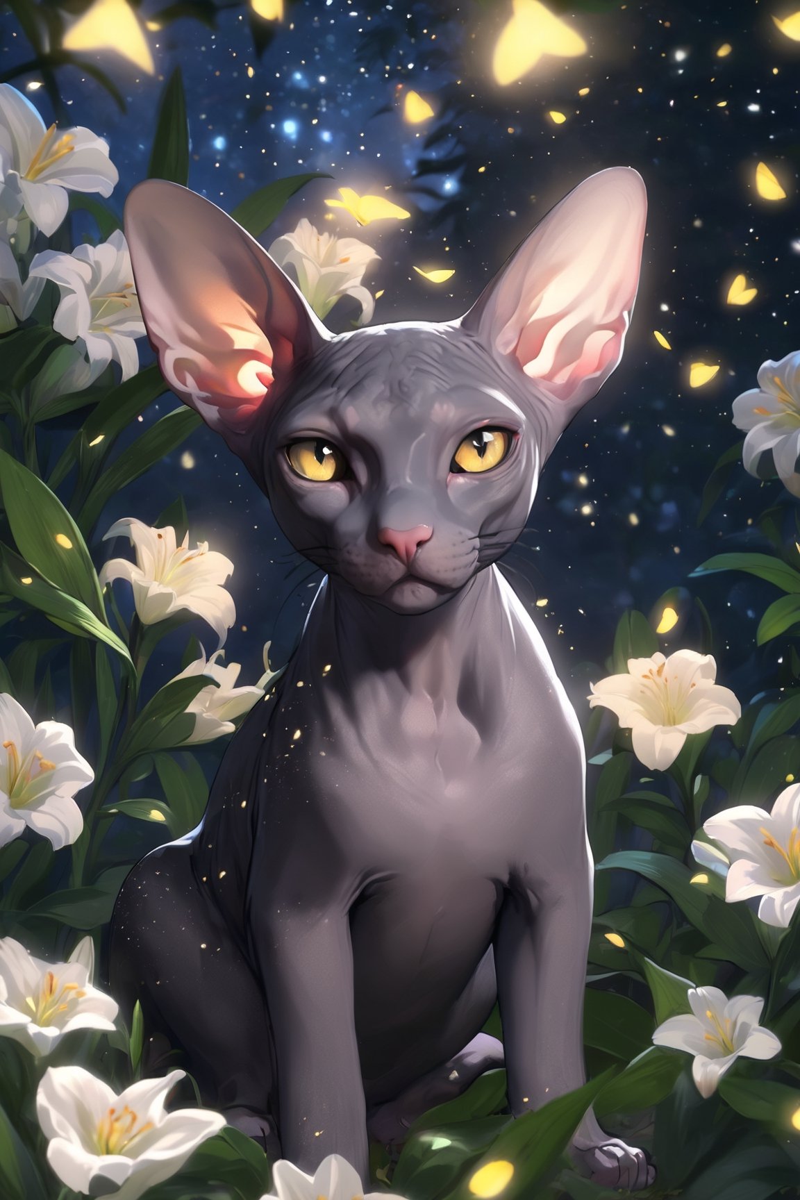 Realistic black Sphynx cat, black velvety golden eyes with sparkles, a wreath of white lilies on his head, in the background a night garden of white lilies with glowing little fireflies, divine lighting, cute, 4k, unreal engine 5, K-Eyes