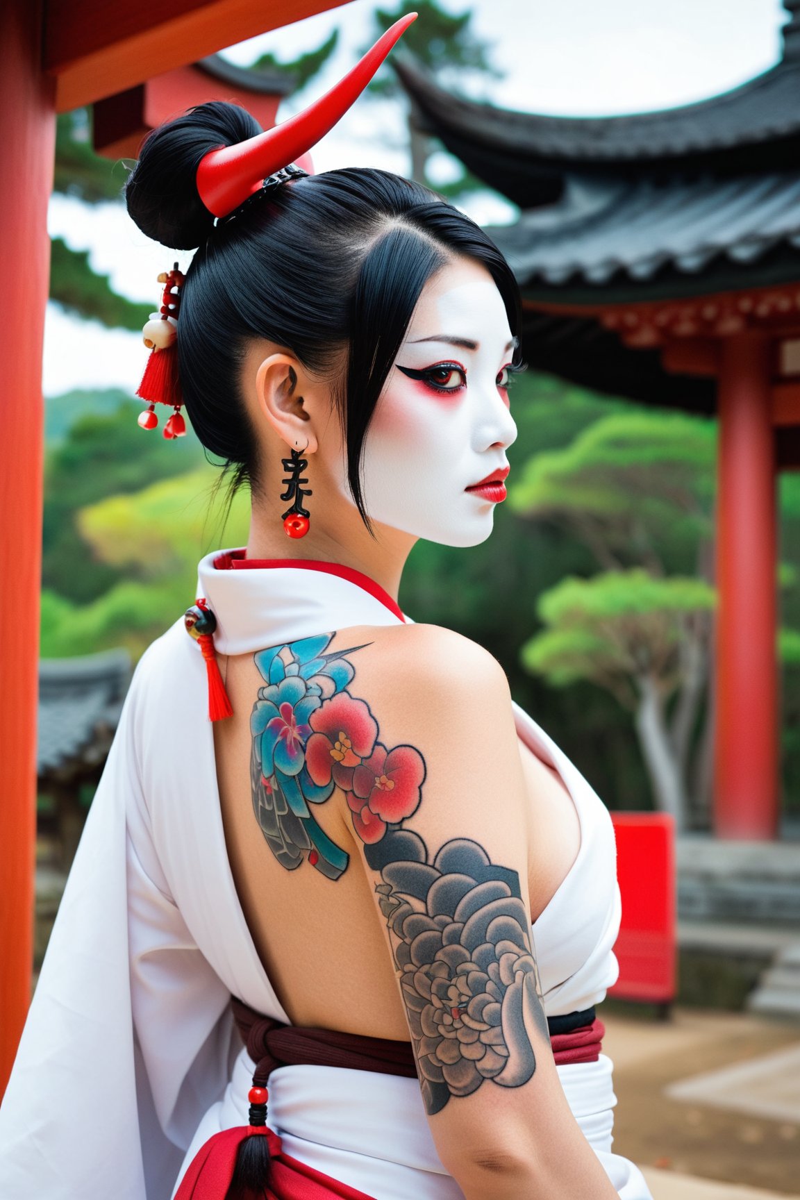 a medium-sized Asian woman, dressed in a kimono, adorned with a white face adorned with red eyes and red horns. Her black hair is cascading down her back, adding a pop of color to her face. The woman's face is adorned with tattoos, including a red necklace with a design on it. Her hair is styled in a ponytail, adding depth to the composition. The background is a stark white, creating a stark contrast to the vibrant colors of the scene. To the left of the woman, a pagoda-like structure is visible, adding to the overall composition.,1girl