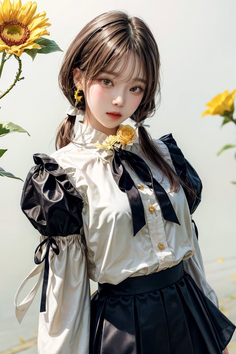 best quality, masterpiece, aesthetic, 1girl, artist name, bangs, black hair, blush, brown hair, cowboy shot, 
dated, flower, food, fruit, holding, leaf, long sleeves, looking at viewer, neck ribbon, 
plant, ribbon, short hair, signature, simple background, solo, upper body, white background, yellow flower, 
yellow ribbon, yellow shirt, yellow theme, skirt, shirt, twintails, hairband, puffy sleeves, black skirt, white flower, 
short twintails, puffy long sleeves, covered mouth, holding flower,Exquisite face,

27 year old korean girl, korean pop idol style, beautiful face