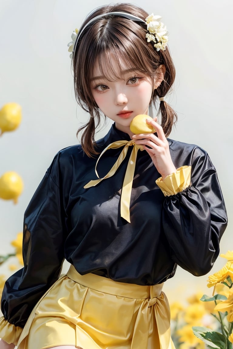 best quality, masterpiece, aesthetic, 1girl, artist name, bangs, black hair, blush, brown hair, cowboy shot, 
dated, flower, food, fruit, holding, leaf, lemon, lemon slice, long sleeves, looking at viewer, neck ribbon, 
plant, ribbon, short hair, signature, simple background, solo, upper body, white background, yellow flower, 
yellow ribbon, yellow shirt, yellow theme, skirt, shirt, twintails, hairband, puffy sleeves, black skirt, white flower, 
short twintails, puffy long sleeves, covered mouth, holding flower,Exquisite face,

27 year old korean girl, korean pop idol style, beautiful face