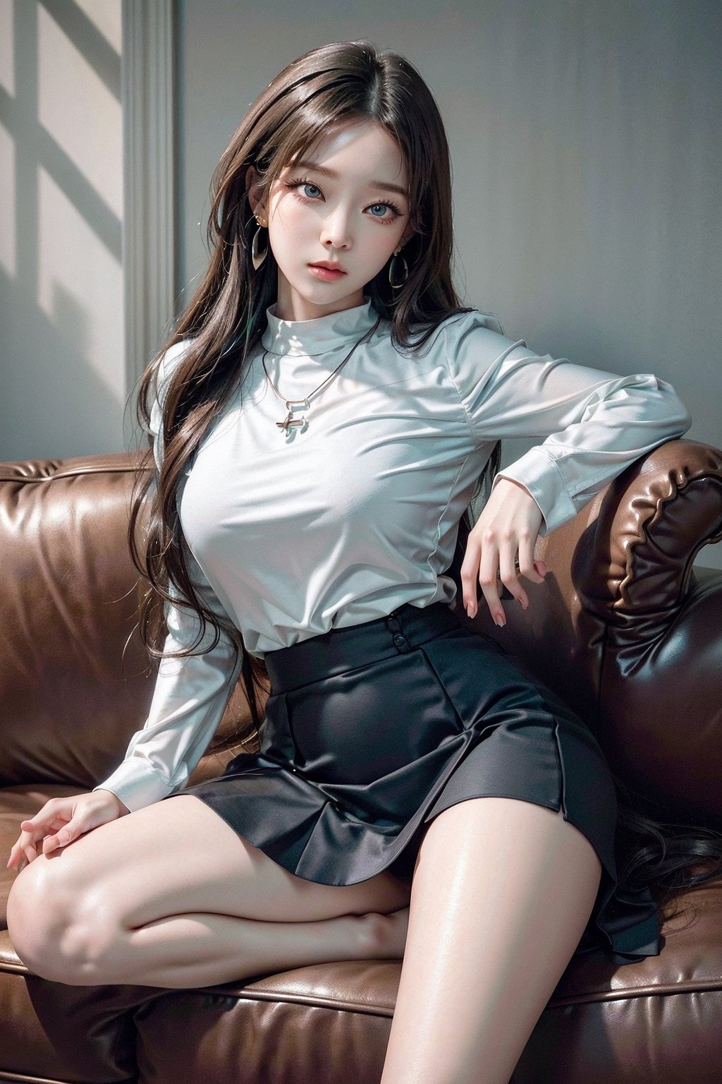 (Masterpiece, masterpiece, high resolution, high detail, detailed eyes, detailed face, detailed body, 16K, realistic picture, detailed hand, 5 fingers),1 woman, long hair, wavy hair, pretty eyebrows, big eyes:1.2, thick lips:1.2, makeup, eyeliner, small face, round earrings, small necklace, (black silk shirt), big breasts, thread arms, ring, white nails, (White H-line skirt), wide hips, thick thighs:0.5, lifted buttocks, realistic skin, sitting on the sofa,( legs crossed:1.2), highlighting the thighs,realistic, (open shirt), 