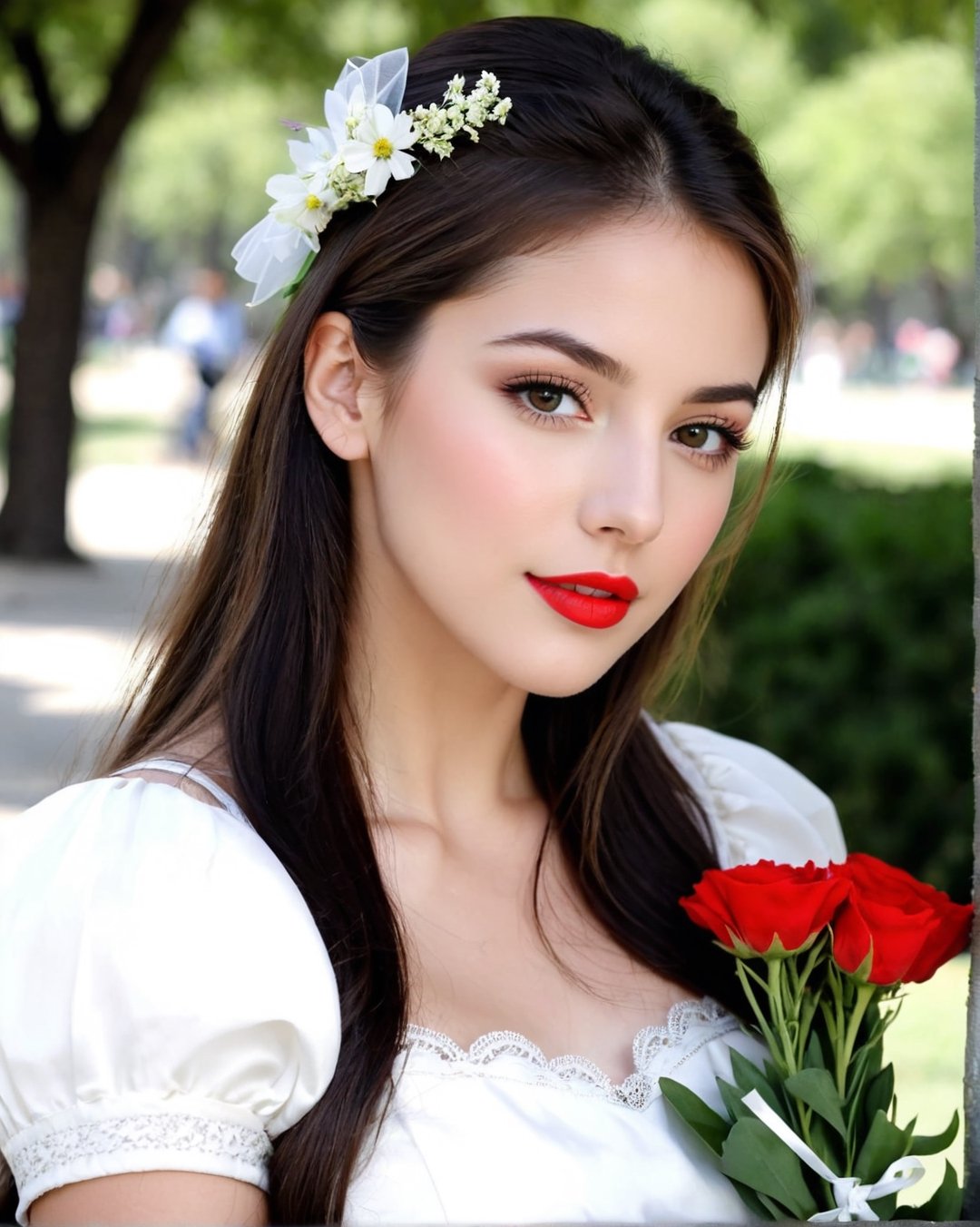 Most attractive and very beautiful cute lovely 23 years old mexico girl, white skin, attractive face, beautiful face, perfect make up, clear skin pores, clear skin texture, ultra detailed, ultra realistic, ultra textures, ultra pixels, extremely attractive, extremely realistic, professional camera, red lipstick, charm,
 real_booster,real_booster

Sit on a park bench surrounded by greenery, holding a bouquet of wildflowers, and looking off into the distance with a serene expression.