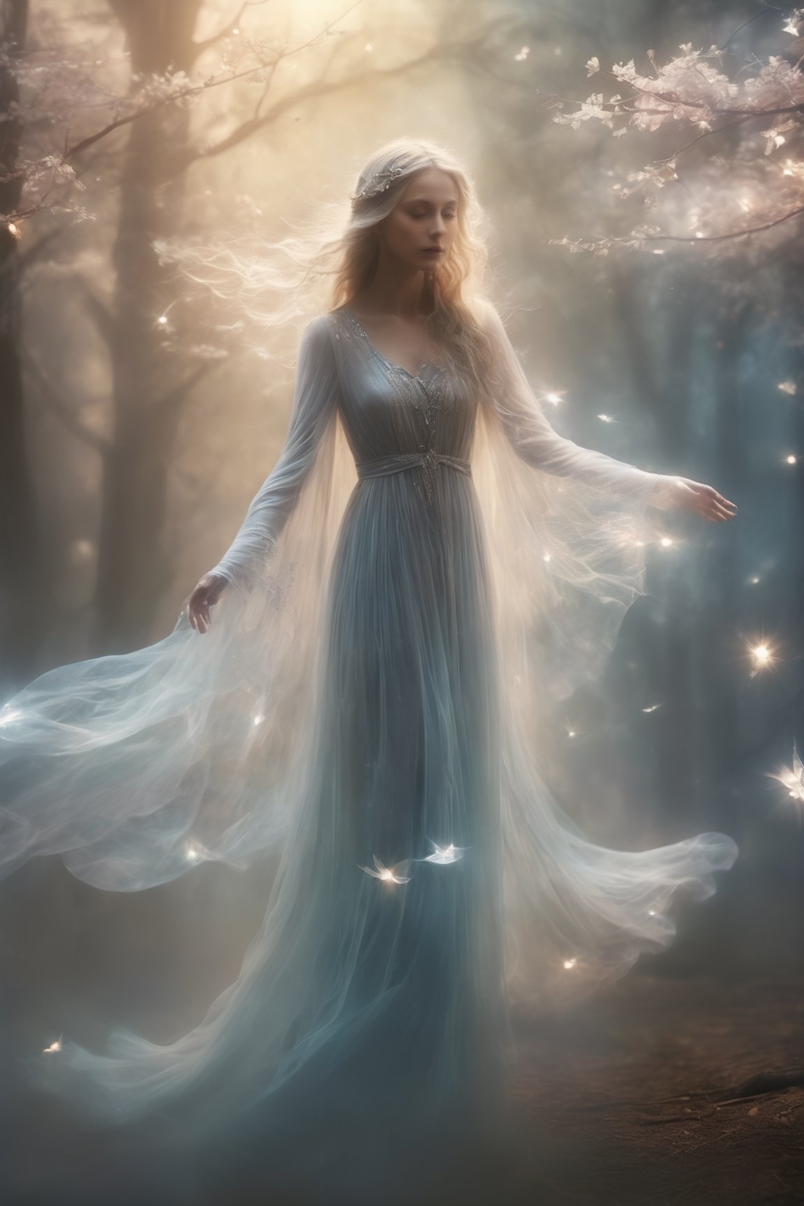 (masterpiece, best quality:1.4), (extremely detailed, 8k, uhd), fantasy art, natural lighting, ultra highres, dark yet benevolent forest setting, mysterious lighting, (transparent, ethereal, benevolent:1.2), (sharp focus:1.3), 1character, the Gentle Ghost, a transparent and kind female spirit, (transparent:1.5), veil, gentle, peacefully haunting a dark yet benevolent forest, (gentle posture, serene expression:1.2), (detailed features, ethereal presence:1.6), (soft and kind eyes, calming gaze:1.3), (surrounded by the subtle glow of fireflies and other ghostly elements:1.2), (floating stance:1.3), (soft moonlight filtering through the trees:1.6), (flowing, ethereal garments:1.3), intricate details, (depth of field, tranquil atmosphere), nighttime, enchanting, detailed background, fantasy, hyper-detailed,ice and water