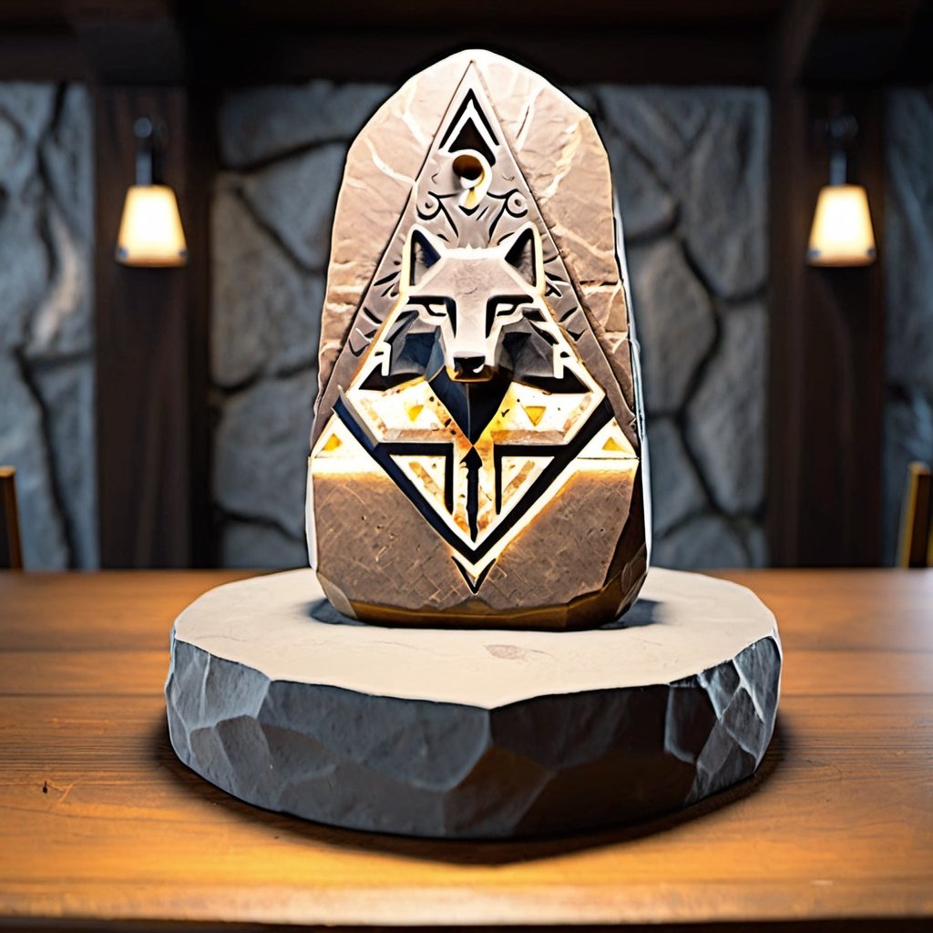 masterpiece, best quality, ultra quality, create magic wolf runestone, (wolf runestone:1.2), aestethic, minimalistic, simple, shop background, levitating above a table in the shop