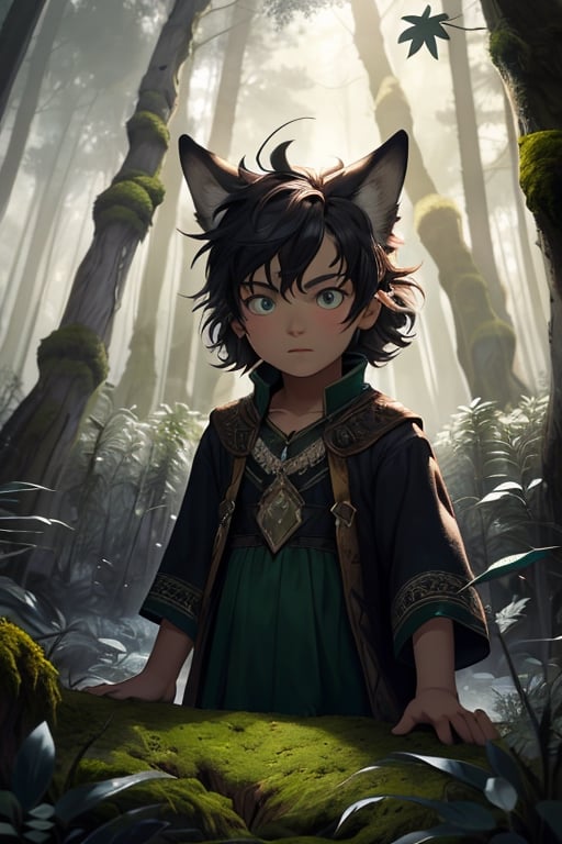 (masterpiece, best quality:1.4), (extremely detailed, 8k, uhd), fantasy art, natural lighting, ultra highres, atmospheric forest setting, mysterious lighting, (wild, feral, ambiguous:1.2), (sharp focus, from front:1.3), 1boy, called the Wild Child, (human child:2.1), 10 years olds, like Donkey Skin but with a wolf-skin, a mysterious human child figure with tousled hair, clad in tattered clothing and adorned with a wolf pelt, uncertain demeanor, (fantastical, enigmatic, untamed:1.2), (detailed features, wolf-like characteristics:1.3), (expressive eyes, mysterious gaze, unreadable:1.3), surrounded by the ancient trees of the enchanted forest, a hint of moonlight filtering through the foliage, conveying an aura of mystery, (feral stance:0.5), (forest floor, leaves, moss, and magical glow:1.6), (neutral expression, neither good nor evil), intricate details, (depth of field, ethereal atmosphere), nighttime, enchanting artwork, detailed background, fantasy realism, hyper-detailed,best quality