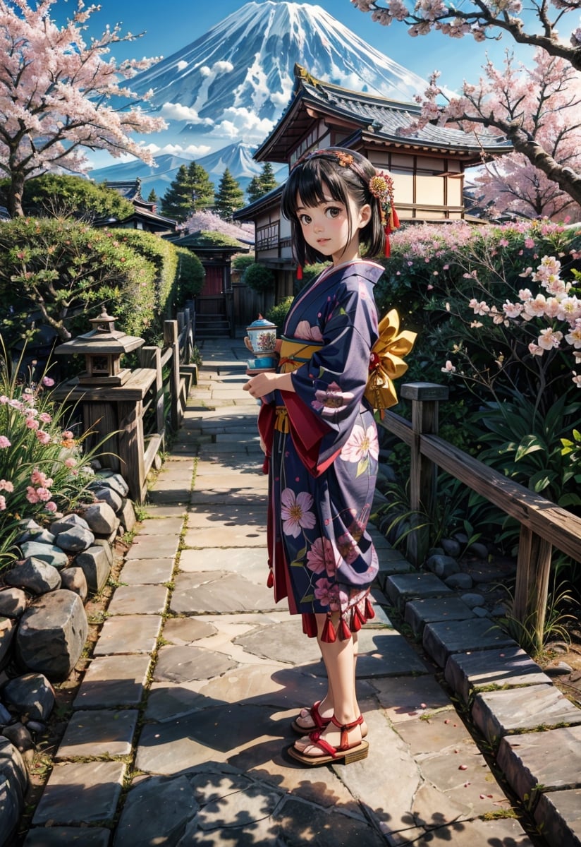 (masterpiece, best quality:1.4), (intricate, 8k, uhd), (realistic), (sharp focus), (extremely detailed), Ghibli,Miyazaki, anime, edo period, natural lighting, from front, full body,

A Japanese peasant woman, gracefully situated in the picturesque landscapes of that era. (young, child:1.5), (6 years old:1.3), (smile:0.9), hugging a small stuffed toy, her black hair impeccably styled, adorned with traditional hair accessories, reflecting the cultural nuances of the time. She wears a meticulously crafted kimono, a symbol of both modesty and sophistication. The character's deep brown eyes exude a sense of cultural pride and resilience. Authentic features capture the beauty and grace of Edo period life.

Surrounded by meticulously tended gardens, traditional tea houses, and the distant silhouette of Mount Fuji. the sky is a clear blue. The style is inspired by Studio Ghibli's Hayao Miyazaki.

The character may be engaged in a traditional task such as tending to a tea ceremony, arranging flowers, or strolling along a tranquil pathway. The soft sunlight filters through the branches of cherry blossom trees, casting a subtle glow over the scene.
