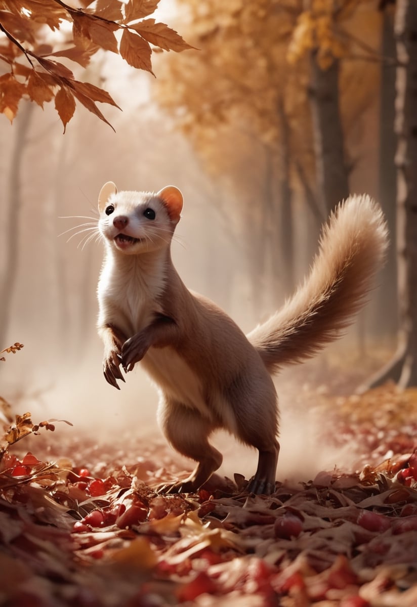a weasel, blowing autumn leaves, in autumn cherry forest, smoke, sandstorm, flying leaves, wind, motion blur, realistic, shot on a RED digital cinematic camera, Sigma 85mm f/1.4