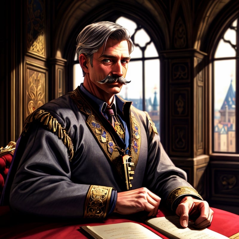 1 man, A dashing mayor, charming, 50 years old, gray hair, charismatic pose, realistic photograph, royal portrait, moustache, inspired by classic fairy tales, regal features, medieval mayor attire, keys of the tow, elegant details, a backdrop of a grand palace interior, warm enchanting, see a castle through the window