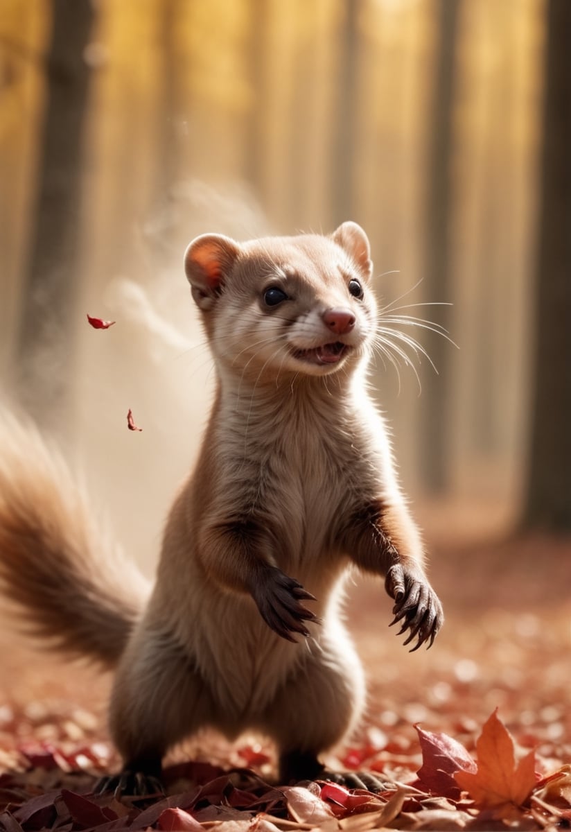 a weasel, blowing autumn leaves, in autumn cherry forest, smoke, sandstorm, flying leaves, dust explosion, wind, motion blur, realistic, shot on a RED digital cinematic camera, Sigma 85mm f/1.4