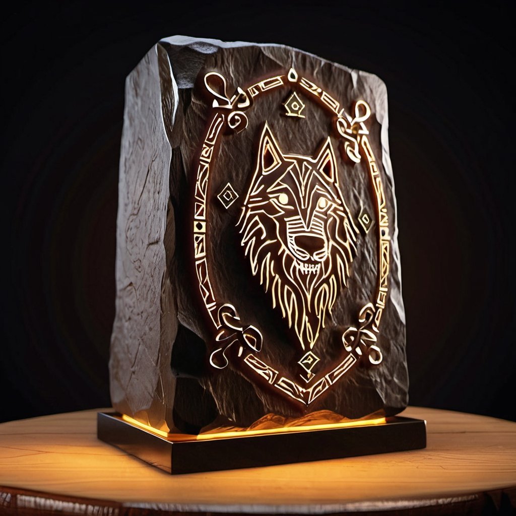 masterpiece, best quality, ultra quality, create magic wolf runestone, aestethic, minimalistic, simple, majestic, dark background, levitating above a table