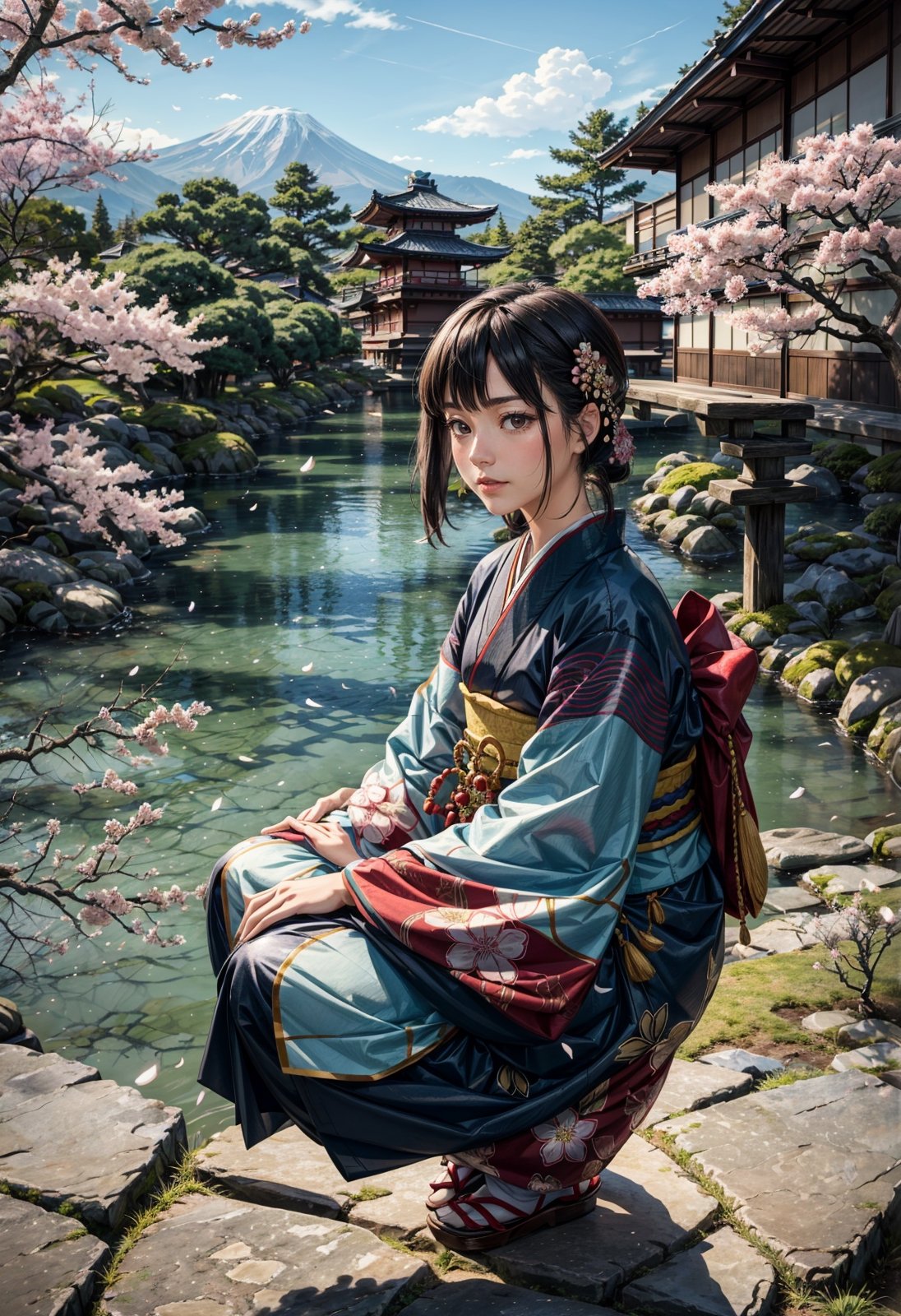 (masterpiece, best quality:1.4), (intricate, 8k, uhd), (realistic), (sharp focus), (extremely detailed), Ghibli,Miyazaki, anime, edo period, natural lighting, from front, full body,

A Japanese peasant woman, gracefully situated in the picturesque landscapes of that era. 32 years old, (smile:0.6), her black hair impeccably styled, adorned with traditional hair accessories, reflecting the cultural nuances of the time. She wears a meticulously crafted kimono, a symbol of both modesty and sophistication. The character's deep brown eyes exude a sense of cultural pride and resilience. Authentic features capture the beauty and grace of Edo period life.

Surrounded by meticulously tended gardens, traditional tea houses, and the distant silhouette of Mount Fuji. the sky is a clear blue. The style is inspired by Studio Ghibli's Hayao Miyazaki.

The character may be engaged in a traditional task such as tending to a tea ceremony, arranging flowers, or strolling along a tranquil pathway. The soft sunlight filters through the branches of cherry blossom trees, casting a subtle glow over the scene.
