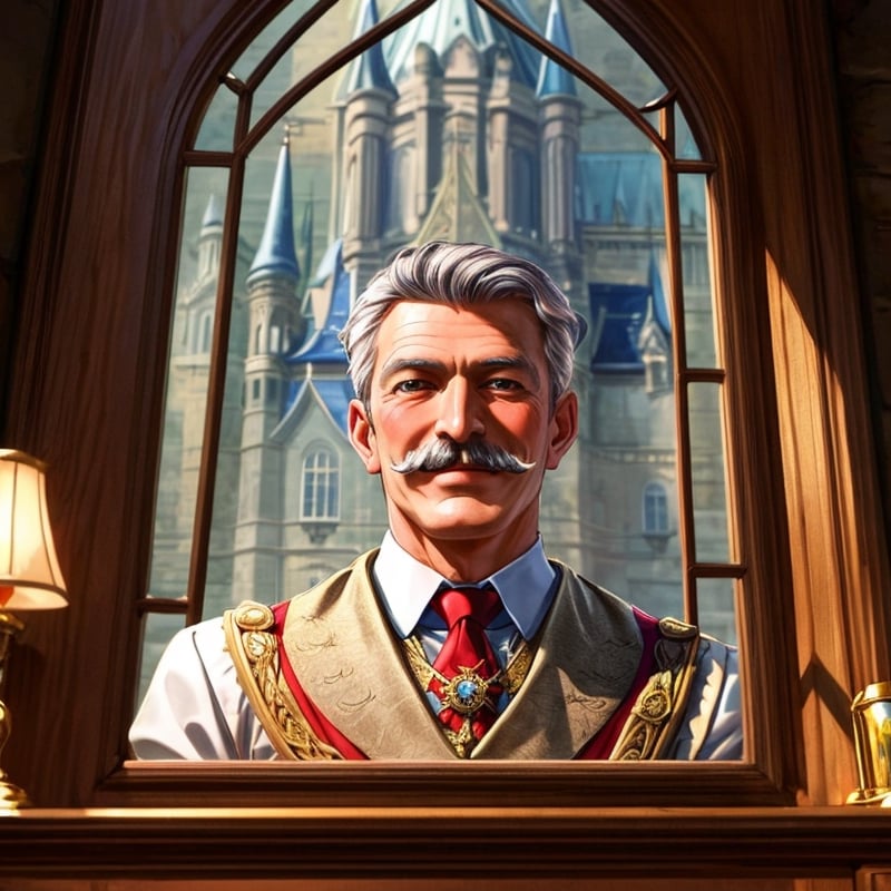 1 man, A dashing mayor, charming, 50 years old, gray hair, charismatic pose, realistic photograph, royal portrait, moustache,  a kind and genuine smile on his face, leader who cares of people, (welcoming and benevolent gaze:1.3), inspired by classic fairy tales, regal features, medieval mayor attire, keys of the tow, elegant details, a backdrop of a grand palace interior, warm enchanting, see a castle through the window,glass