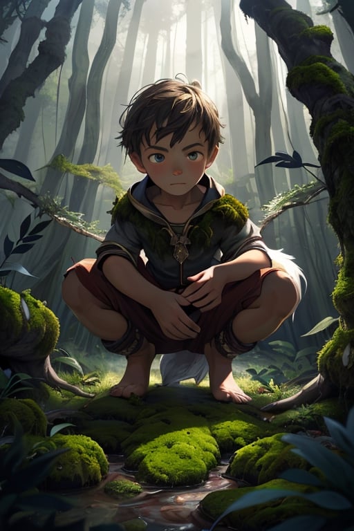 (masterpiece, best quality:1.4), (extremely detailed, 8k, uhd), fantasy art, natural lighting, ultra highres, atmospheric forest setting, mysterious lighting, (wild, feral, ambiguous:1.2), (sharp focus, from front:1.3), 1boy, called the Wild Child, (human child:2.1), 10 years olds, like Donkey Skin but with a wolf-skin, a mysterious human child figure with tousled hair, clad in tattered clothing and adorned with a wolf pelt, uncertain demeanor, (fantastical, enigmatic, untamed:1.2), (detailed features, wolf-like characteristics:1.3), (expressive eyes, mysterious gaze, unreadable:1.3), sin a crouched position with hands touching the ground, urrounded by the ancient trees of the enchanted forest, a hint of moonlight filtering through the foliage, conveying an aura of mystery, (feral stance:0.5), (forest floor, leaves, moss, and magical glow:1.6), (neutral expression, neither good nor evil), intricate details, (depth of field, ethereal atmosphere), nighttime, enchanting artwork, detailed background, fantasy realism, hyper-detailed,best quality