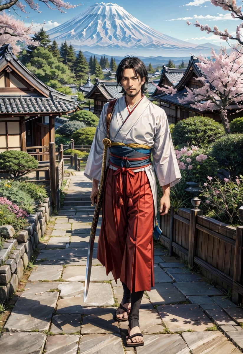 (masterpiece, best quality:1.4), (intricate, 8k, uhd), (realistic), (sharp focus), (extremely detailed), Ghibli,Miyazaki, anime, edo period, natural lighting, from front, full body,

A Japanese peasant man, situated in the picturesque landscapes of that era. (man:1.5), (viril:1.9), boy, (42 years old:1.3), (smile:0.6), black hair. badass. He wears a crafted traditional edo male attire, embodying both simplicity and viril. he wears a samurai katana sword. The character's deep brown eyes exude a sense of cultural pride and resilience. Authentic features capture the strength and dignity of Edo period life.

Surrounded by meticulously tended gardens, traditional tea houses, and the distant silhouette of Mount Fuji. the sky is a clear blue. The style is inspired by Studio Ghibli's Hayao Miyazaki.

The character may be engaged in a traditional or strolling along a tranquil pathway. The soft sunlight filters through the branches of cherry blossom trees, casting a subtle glow over the scene.
