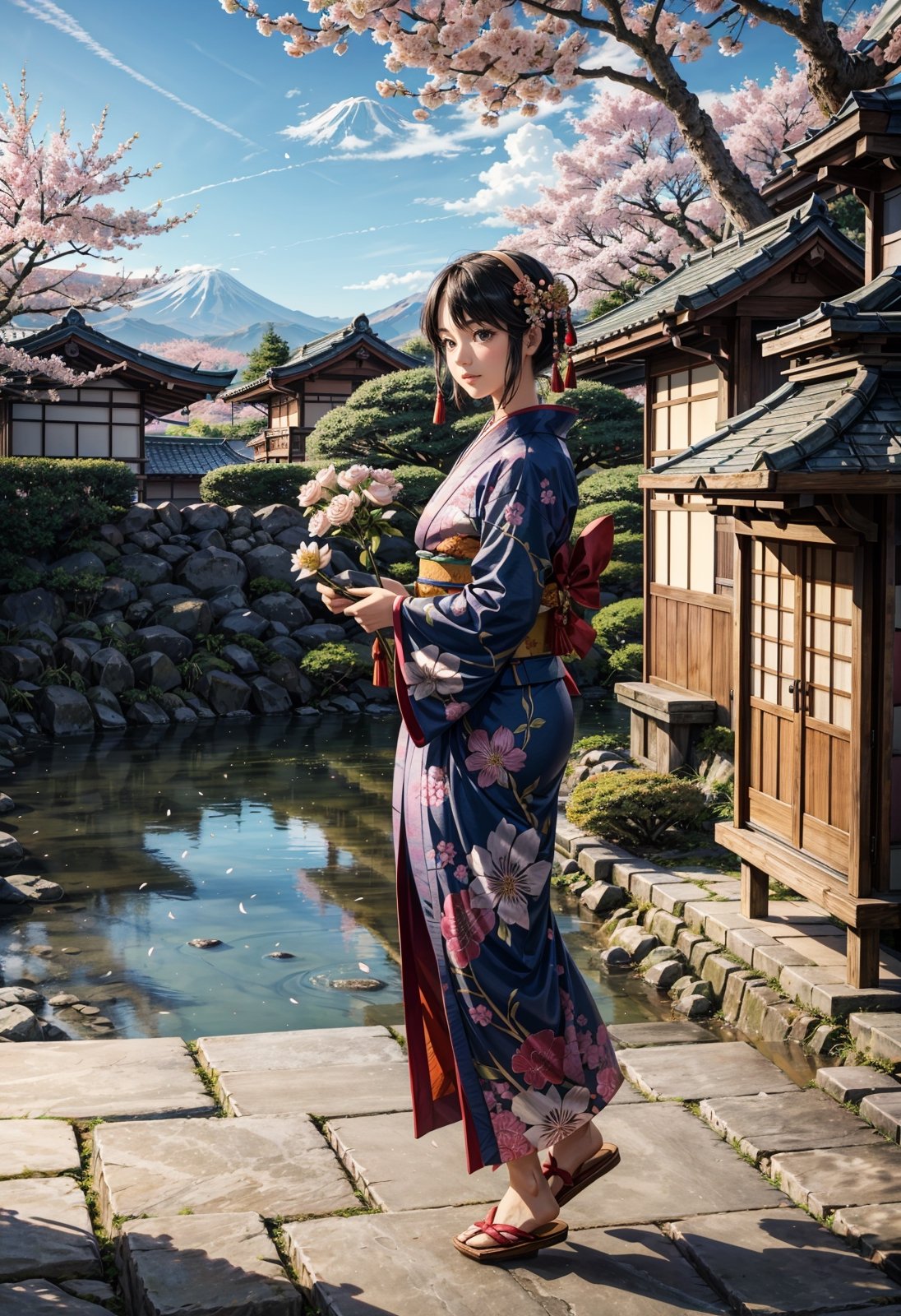 (masterpiece, best quality:1.4), (intricate, 8k, uhd), (realistic), (sharp focus), (extremely detailed), Ghibli,Miyazaki, anime, edo period, natural lighting, from front, full body,

A Japanese peasant woman, gracefully situated in the picturesque landscapes of that era. 32 years old, (smile:0.6), her black hair impeccably styled, adorned with traditional hair accessories, reflecting the cultural nuances of the time. She wears a meticulously crafted kimono, a symbol of both modesty and sophistication. The character's deep brown eyes exude a sense of cultural pride and resilience. Authentic features capture the beauty and grace of Edo period life.

Surrounded by meticulously tended gardens, traditional tea houses, and the distant silhouette of Mount Fuji. the sky is a clear blue. The style is inspired by Studio Ghibli's Hayao Miyazaki.

The character may be engaged in a traditional task such as tending to a tea ceremony, arranging flowers, or strolling along a tranquil pathway. The soft sunlight filters through the branches of cherry blossom trees, casting a subtle glow over the scene.
