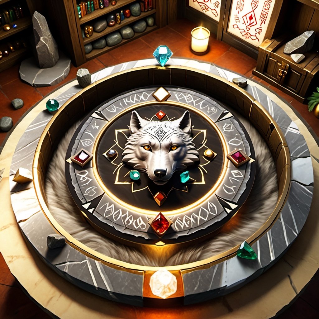 masterpiece, best quality, ultra quality, gem shop with a table in the center. there is a magic wolf runestone levitating above a table, magic wolf runestone, aestethic,Spirit wolf runestone
