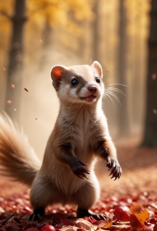 a weasel, blowing autumn leaves, in autumn cherry forest, smoke, sandstorm, flying leaves, dust explosion, wind, motion blur, realistic, shot on a RED digital cinematic camera, Sigma 85mm f/1.4