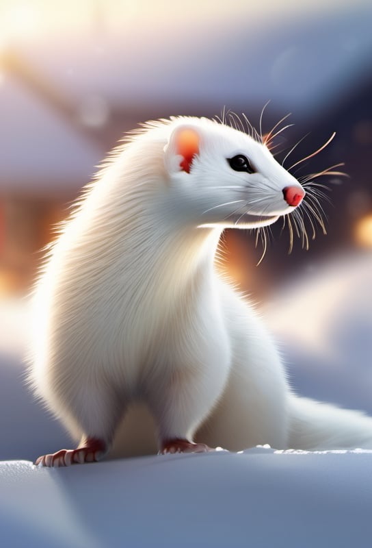 a white weasel stand in the snow, digital art, ultra hd, hyper-realistic illustration, cinematic perfect light
