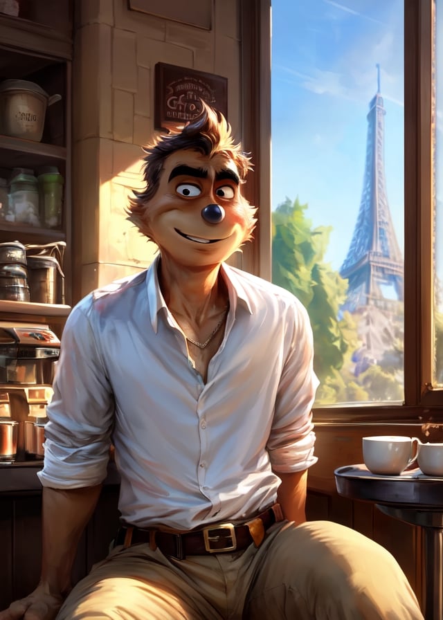 (Bypbap , Cutesexyrobutts),(((mr\(the bad guys\)))), human face, wolf body, (sitting, three-quarter front view, three-quarter portrait, white shirt, brown belt, khaki pants:1.3),(france coffee shop:1.25), (window, morning, inside),BREAK,(detailed background, depth of field, half body shadow, sunlight, ambient light on the body),masterpiece, best quality, 4k, 2k, (intricate:0.9), (high detail, shaded, realistic:1.25), absurd res