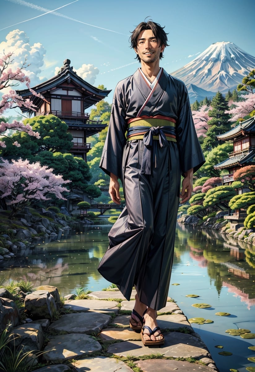 (masterpiece, best quality:1.4), (intricate, 8k, uhd), (realistic), (sharp focus), (extremely detailed), Ghibli,Miyazaki, anime, edo period, natural lighting, from front, full body,

(1 character:1.2). A Japanese peasant man, situated in the picturesque landscapes of that era. (man:1.5), (viril:1.9), 35 years old:1.3, (smile:1.2), black hair, black kimono. asian, japanese, Authentic features capture the strength and dignity of Edo period life.

Surrounded by meticulously tended gardens, traditional tea houses, and the distant silhouette of Mount Fuji. the sky is a clear blue. The style is inspired by Studio Ghibli's Hayao Miyazaki.

The character walk along a tranquil pathway. spring season
