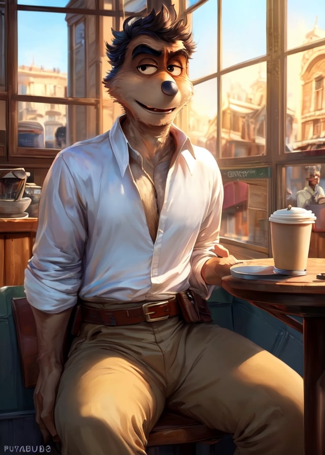 (Bypbap , Cutesexyrobutts),(((mr\(the bad guys\)))), human face, wolf body, (sitting, three-quarter front view, three-quarter portrait, white shirt, brown belt, khaki pants:1.3),(france coffee shop:1.25), (window, morning, inside),BREAK,(detailed background, depth of field, half body shadow, sunlight, ambient light on the body),masterpiece, best quality, 4k, 2k, (intricate:0.9), (high detail, shaded, realistic:1.25), absurd res