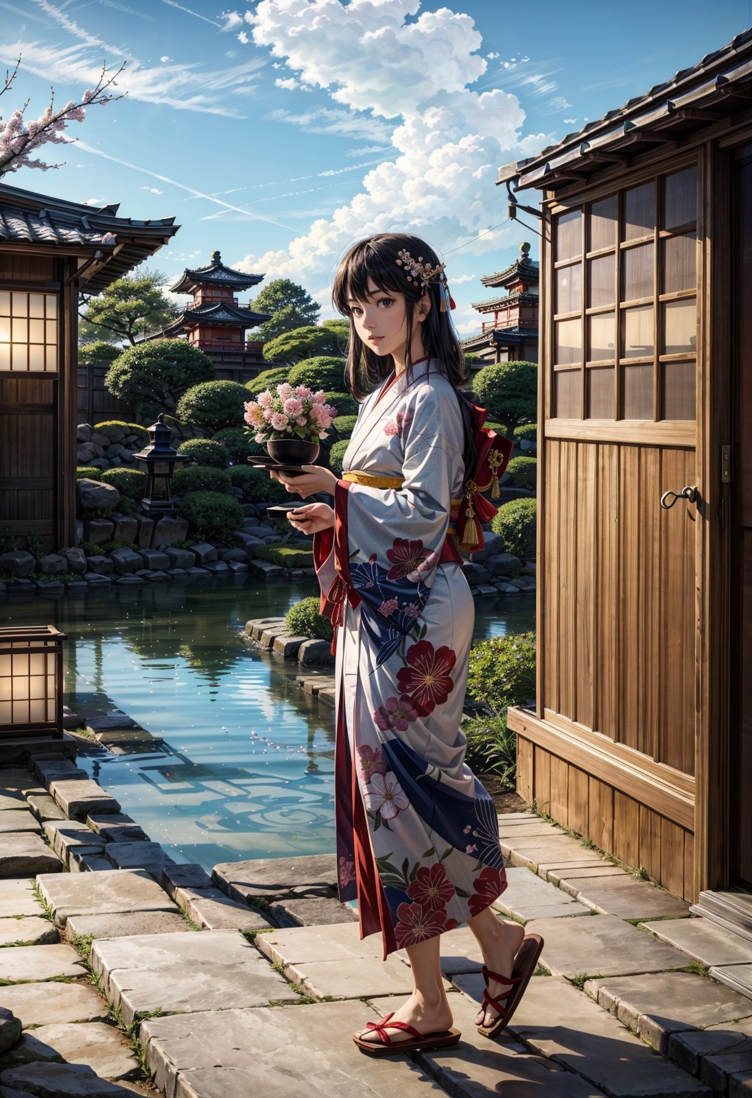 (masterpiece, best quality:1.4), (intricate, 8k, uhd), (realistic), (sharp focus), (extremely detailed), Ghibli,Miyazaki, anime, edo period, natural lighting, from front, full body,

A Japanese peasant woman, gracefully situated in the picturesque landscapes of that era. 32 years old, (smile:0.6), her black hair impeccably styled, adorned with traditional hair accessories, reflecting the cultural nuances of the time. She wears a meticulously crafted kimono, a symbol of both modesty and sophistication. The character's deep brown eyes exude a sense of cultural pride and resilience. Authentic features capture the beauty and grace of Edo period life.

Surrounded by meticulously tended gardens, traditional tea houses, and the distant silhouette of Mount Fuji. the sky is a clear blue. The style is inspired by Studio Ghibli's Hayao Miyazaki.

The character may be engaged in a traditional task such as tending to a tea ceremony, arranging flowers, or strolling along a tranquil pathway. The soft sunlight filters through the branches of cherry blossom trees, casting a subtle glow over the scene.
