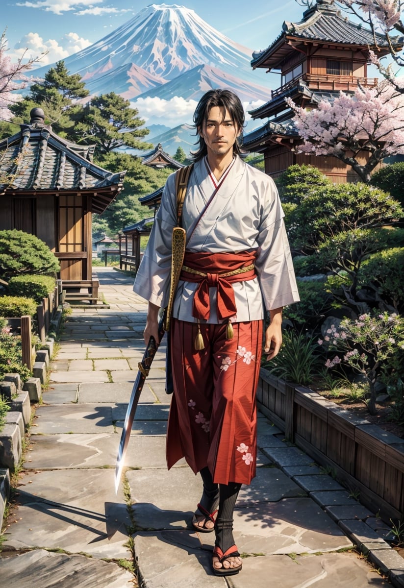 (masterpiece, best quality:1.4), (intricate, 8k, uhd), (realistic), (sharp focus), (extremely detailed), Ghibli,Miyazaki, anime, edo period, natural lighting, from front, full body,

A Japanese peasant man, situated in the picturesque landscapes of that era. (man:1.5), (viril:1.9), boy, (42 years old:1.3), (smile:0.6), black hair. badass. He wears a crafted traditional edo male attire, embodying both simplicity and viril. he wears a samurai katana sword. The character's deep brown eyes exude a sense of cultural pride and resilience. Authentic features capture the strength and dignity of Edo period life.

Surrounded by meticulously tended gardens, traditional tea houses, and the distant silhouette of Mount Fuji. the sky is a clear blue. The style is inspired by Studio Ghibli's Hayao Miyazaki.

The character may be engaged in a traditional or strolling along a tranquil pathway. The soft sunlight filters through the branches of cherry blossom trees, casting a subtle glow over the scene.
