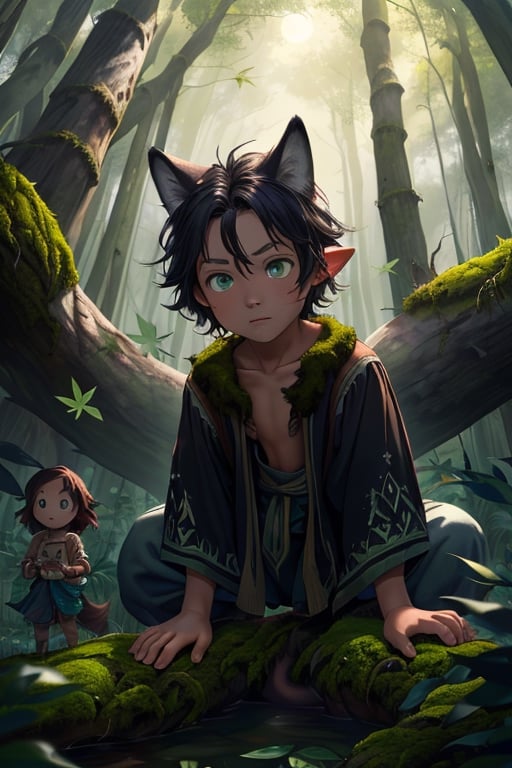 (masterpiece, best quality:1.4), (extremely detailed, 8k, uhd), fantasy art, natural lighting, ultra highres, atmospheric forest setting, mysterious lighting, (wild, feral, ambiguous:1.2), (sharp focus, from front:1.3), 1boy, called the Wild Child, (human child:2.1), 10 years olds, like Donkey Skin but with a wolf-skin, a mysterious human child figure with tousled hair, clad in tattered clothing and adorned with a wolf pelt, uncertain demeanor, (fantastical, enigmatic, untamed:1.2), (detailed features, wolf-like characteristics:1.3), (expressive eyes, mysterious gaze, unreadable:1.3), surrounded by the ancient trees of the enchanted forest, a hint of moonlight filtering through the foliage, conveying an aura of mystery, (feral stance:0.5), (forest floor, leaves, moss, and magical glow:1.6), (neutral expression, neither good nor evil), intricate details, (depth of field, ethereal atmosphere), nighttime, enchanting artwork, detailed background, fantasy realism, hyper-detailed,best quality