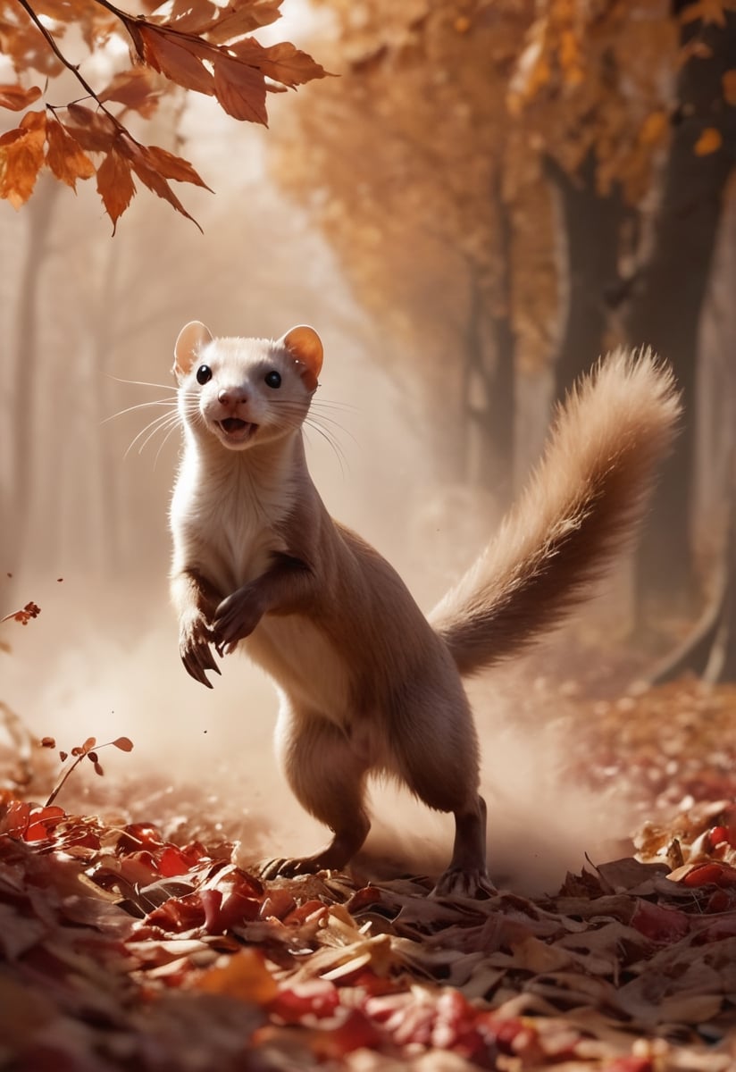 a weasel, blowing autumn leaves, in autumn cherry forest, smoke, sandstorm, flying leaves, dust explosion, wind, motion blur, realistic, shot on a RED digital cinematic camera, Sigma 85mm f/1.4