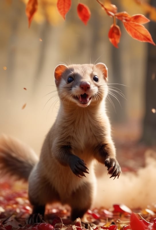 a weasel, blowing autumn leaves, in autumn cherry forest, smoke, sandstorm, flying leaves, dust explosion, wind, motion blur, realistic, shot on a RED digital cinematic camera, Sigma 85mm f/1.4