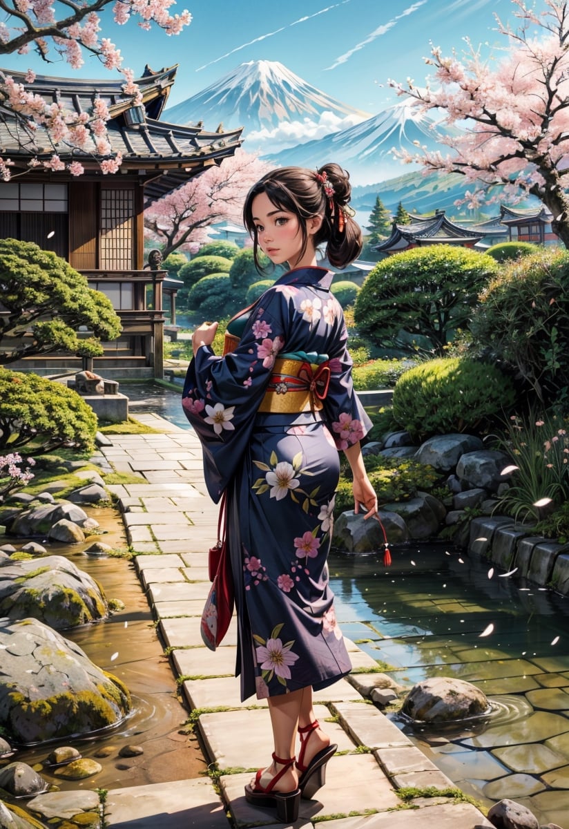 (masterpiece, best quality:1.4), (intricate, 8k, uhd), (realistic), (sharp focus), (extremely detailed), Ghibli,Miyazaki, anime, edo period, natural lighting, from front, full body,

A Japanese peasant woman, gracefully situated in the picturesque landscapes of that era. 32 years old, (smile:0.6), her black hair impeccably styled, adorned with traditional hair accessories, reflecting the cultural nuances of the time. She wears a meticulously crafted kimono, a symbol of both modesty and sophistication. The character's deep brown eyes exude a sense of cultural pride and resilience. Authentic features capture the beauty and grace of Edo period life.

Surrounded by meticulously tended gardens, traditional tea houses, and the distant silhouette of Mount Fuji. the sky is a clear blue. The style is inspired by Studio Ghibli's Hayao Miyazaki.

The character may be engaged in a traditional task such as tending to a tea ceremony, arranging flowers, or strolling along a tranquil pathway. The soft sunlight filters through the branches of cherry blossom trees, casting a subtle glow over the scene.
